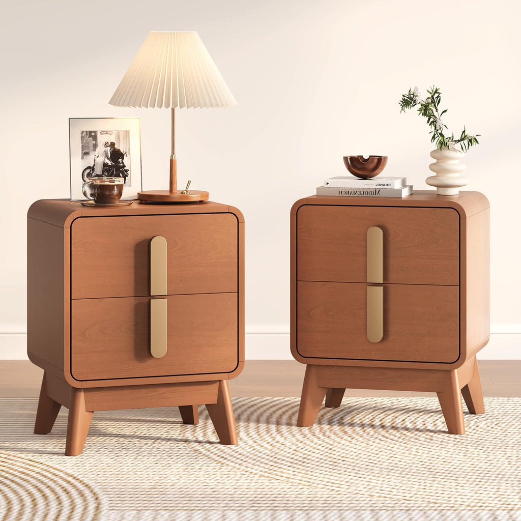 Mid Century Modern Nightstand Set of 2, Wood Bedside Table with 2 Drawers and Metal Handles, Curved Design, Night Stand Set 2 for Bedroom, Cherry