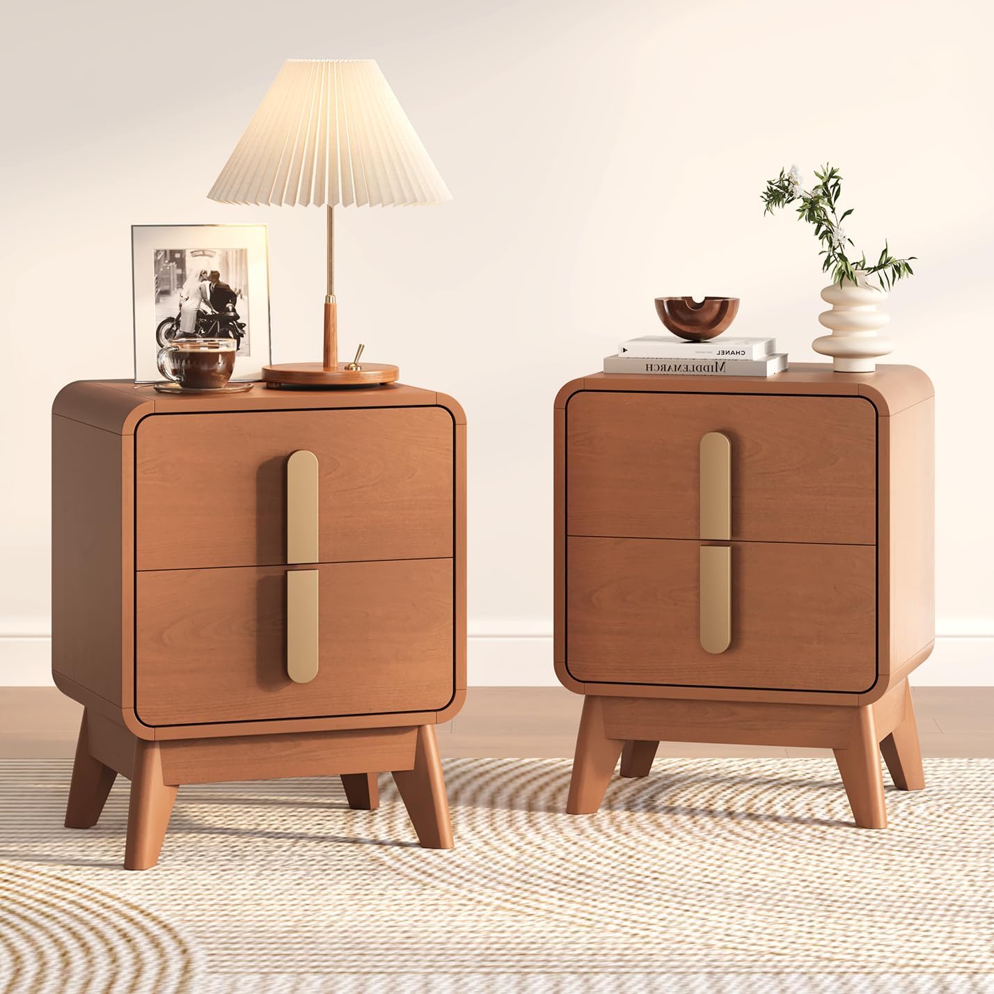 Mid Century Modern Nightstand Set of 2, Wood Bedside Table with 2 Drawers and Metal Handles, Curved Design, Night Stand Set 2 for Bedroom, Cherry