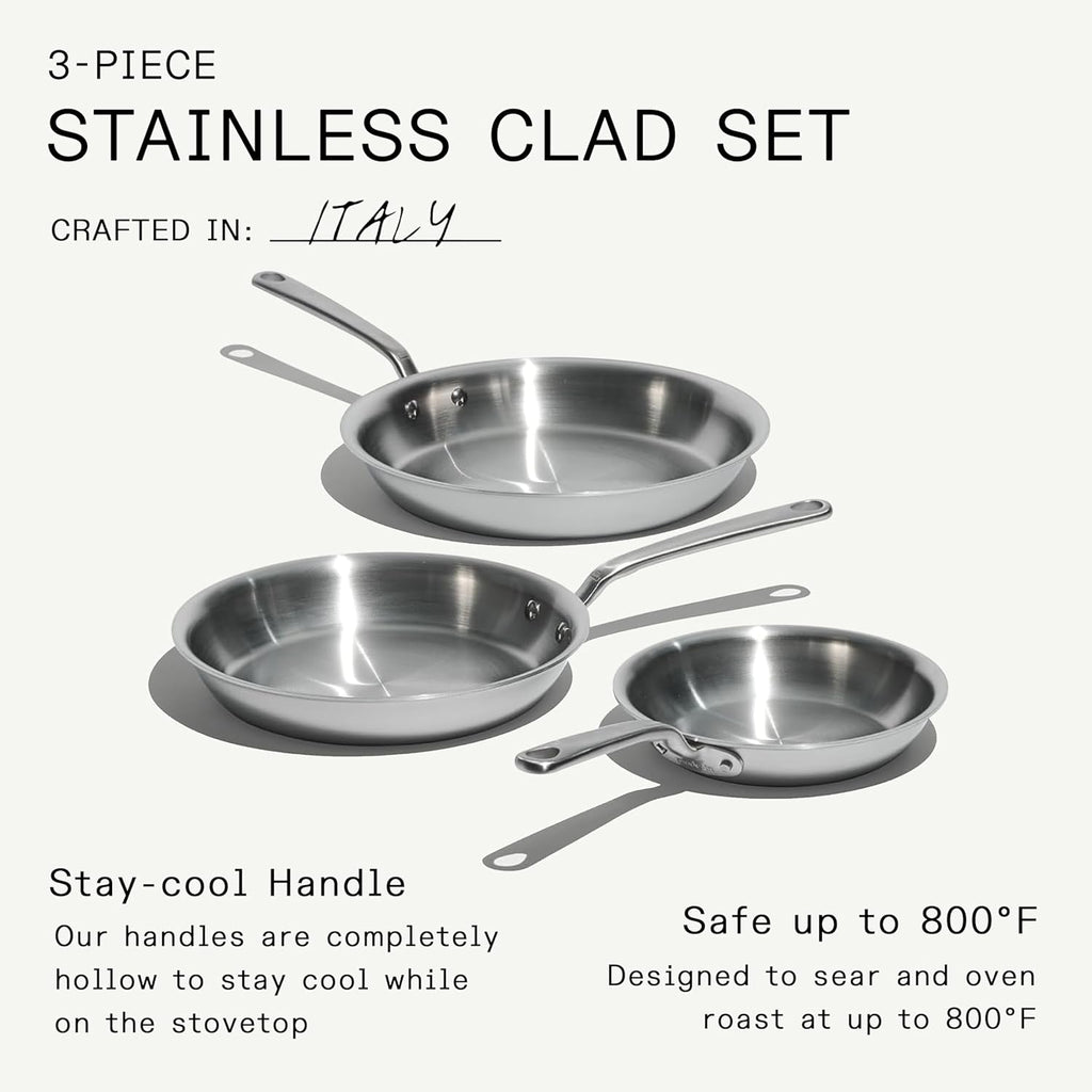 Made In Cookware | 3-Piece (Includes 8',10',12') Stainless Frying Pan Set | 5 Ply Stainless Clad | Professional Cookware | Crafted in Italy | Induction Compatible