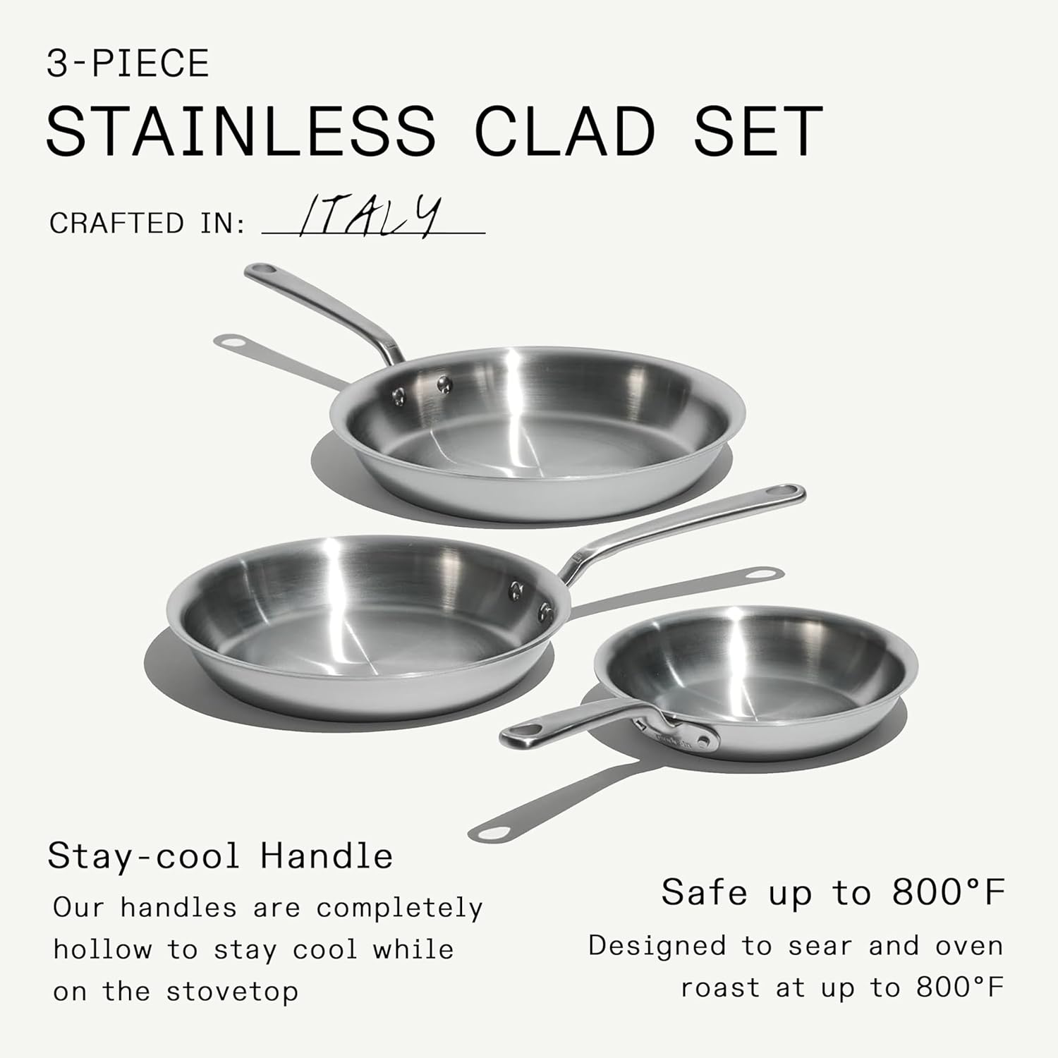 Made In Cookware | 3-Piece (Includes 8',10',12') Stainless Frying Pan Set | 5 Ply Stainless Clad | Professional Cookware | Crafted in Italy | Induction Compatible