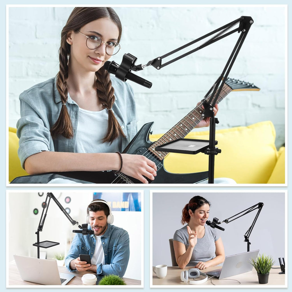 Relaxweex 4 Set Microphone Stands with Weighted Bases Boom Arm Floor Mic Stand with Tray Microphone Clip Carrying Bag 3/8' to 5/8' Screw Adapter and Cable Ties for Singing Stage Wedding Karaoke Band