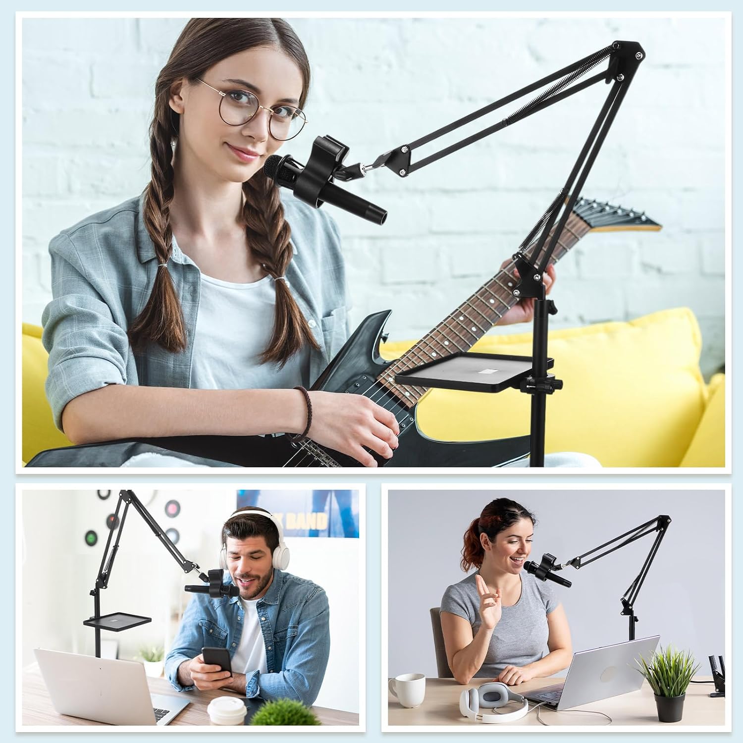 Relaxweex 4 Set Microphone Stands with Weighted Bases Boom Arm Floor Mic Stand with Tray Microphone Clip Carrying Bag 3/8' to 5/8' Screw Adapter and Cable Ties for Singing Stage Wedding Karaoke Band