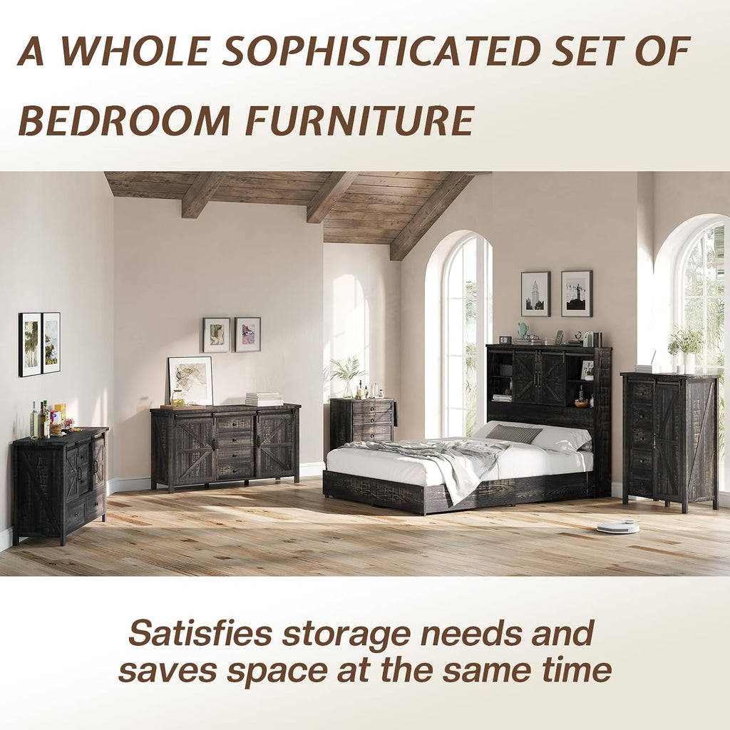 LUXOAK 3 Pieces Bedroom Set - Includes 60' Farmhouse Dresser, 48' Chest of Drawers with Sliding Barn Doors, 48' Tall Storage Cabinet with 5 Drawers, Oak Black