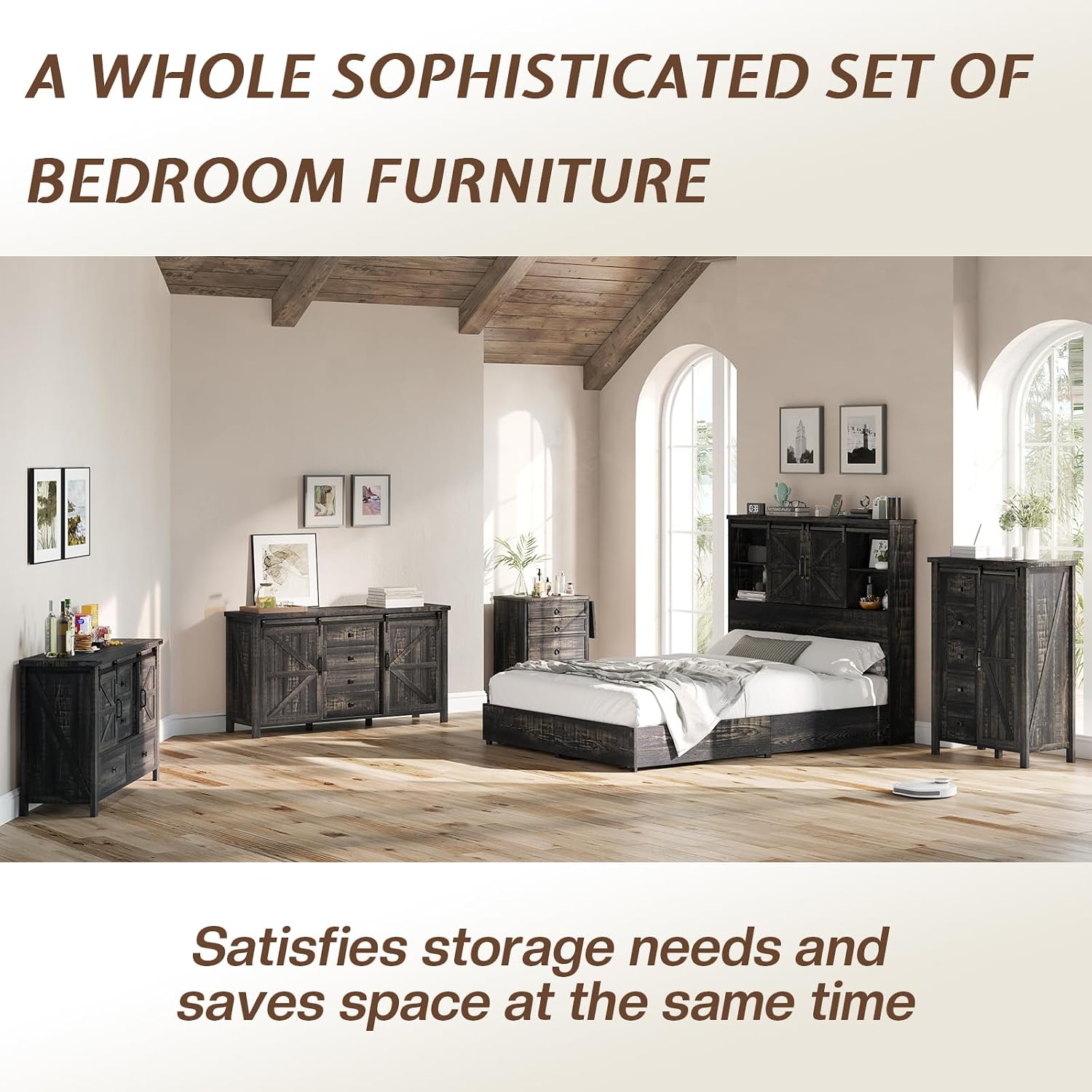 LUXOAK 3 Pieces Bedroom Set - Includes 60' Farmhouse Dresser, 48' Chest of Drawers with Sliding Barn Doors, 48' Tall Storage Cabinet with 5 Drawers, Oak Black