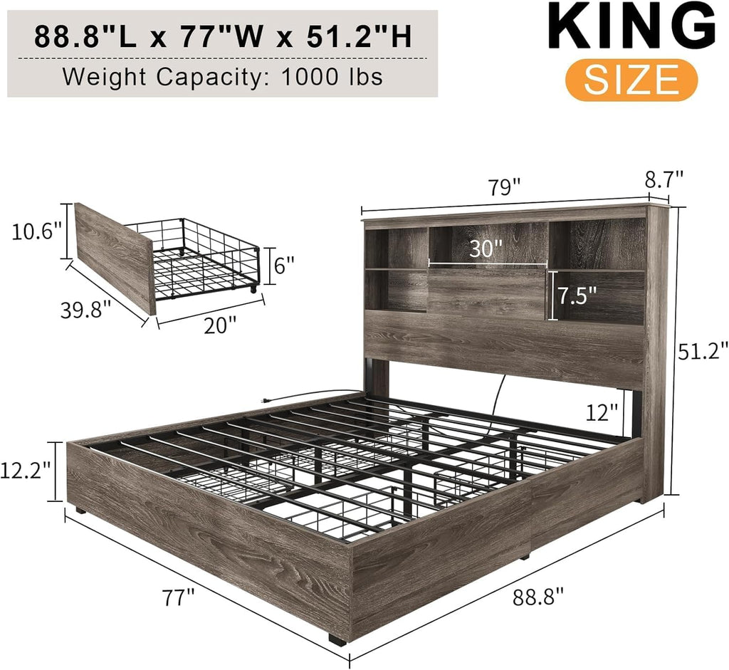LUXOAK 2-Piece Farmhouse Bedroom Set, King Size Bookcase Bed Frame and 6 Drawers Dresser, Wooden Storage Bed with Charging Station & 4 Drawers, Rustic Chest of Drawers Closet for Bedroom, Grey
