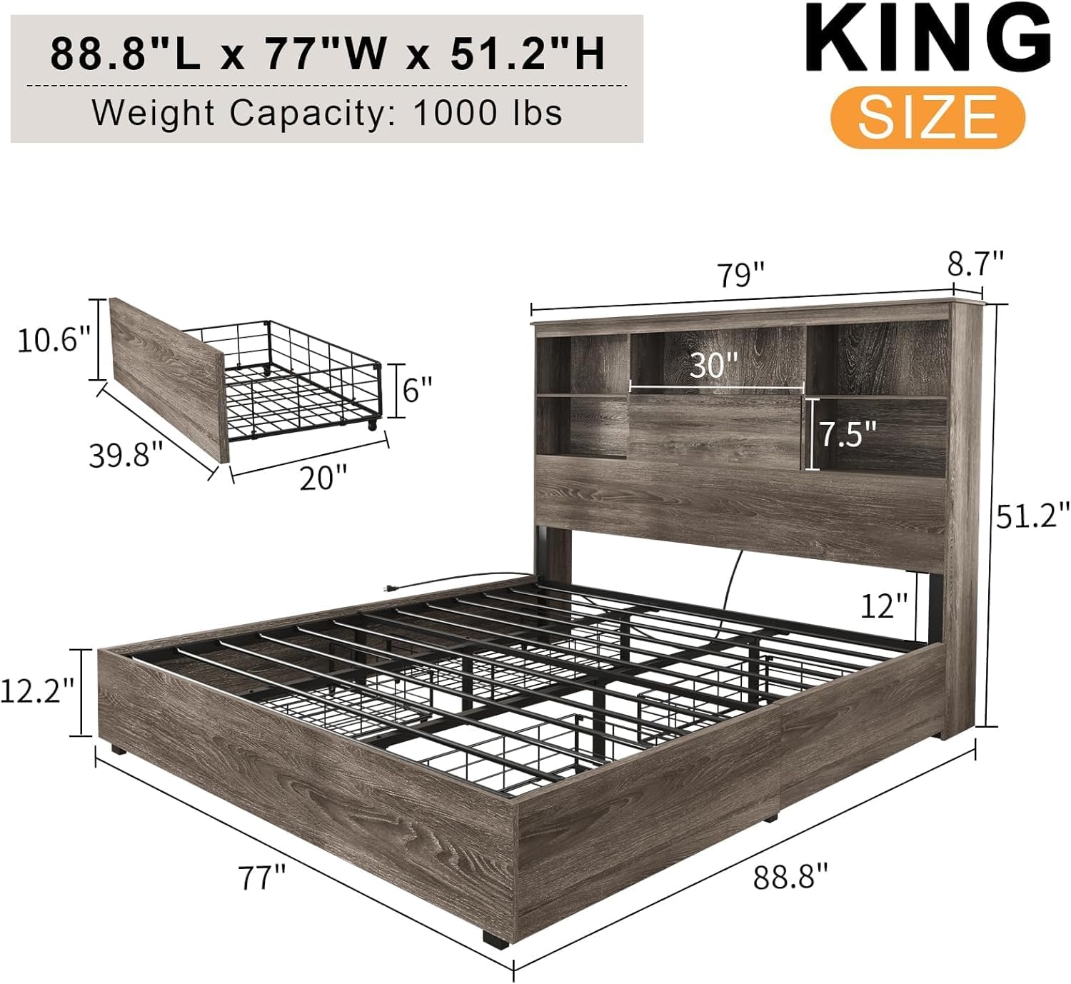 LUXOAK 2-Piece Farmhouse Bedroom Set, King Size Bookcase Bed Frame and 6 Drawers Dresser, Wooden Storage Bed with Charging Station & 4 Drawers, Rustic Chest of Drawers Closet for Bedroom, Grey