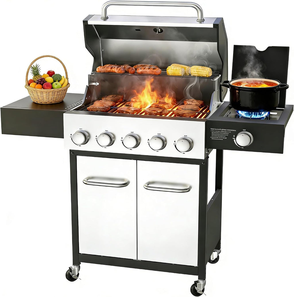 Veralune 5 Burner Propane Gas Grill with Side Burner, 5 Burner Outdoor Cooking Grill, BBQ Gas Grill, 68,000 BTU Heavy-Duty, Stainless Steel, Electronic Ignition System, Built-in Thermometer