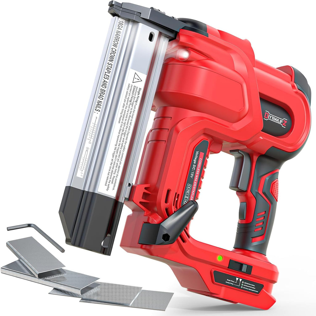 DIYtoolifz 18GA Cordless 2' Brad Nailer Compatible with Milwaukee 18V (Tool Only), 2-in-1 Nail/Staple Gun, Tool-Free Jam, Adjustable Depth, 2 Modes with 400 Nails/Staples for Woodworking, Carpentry