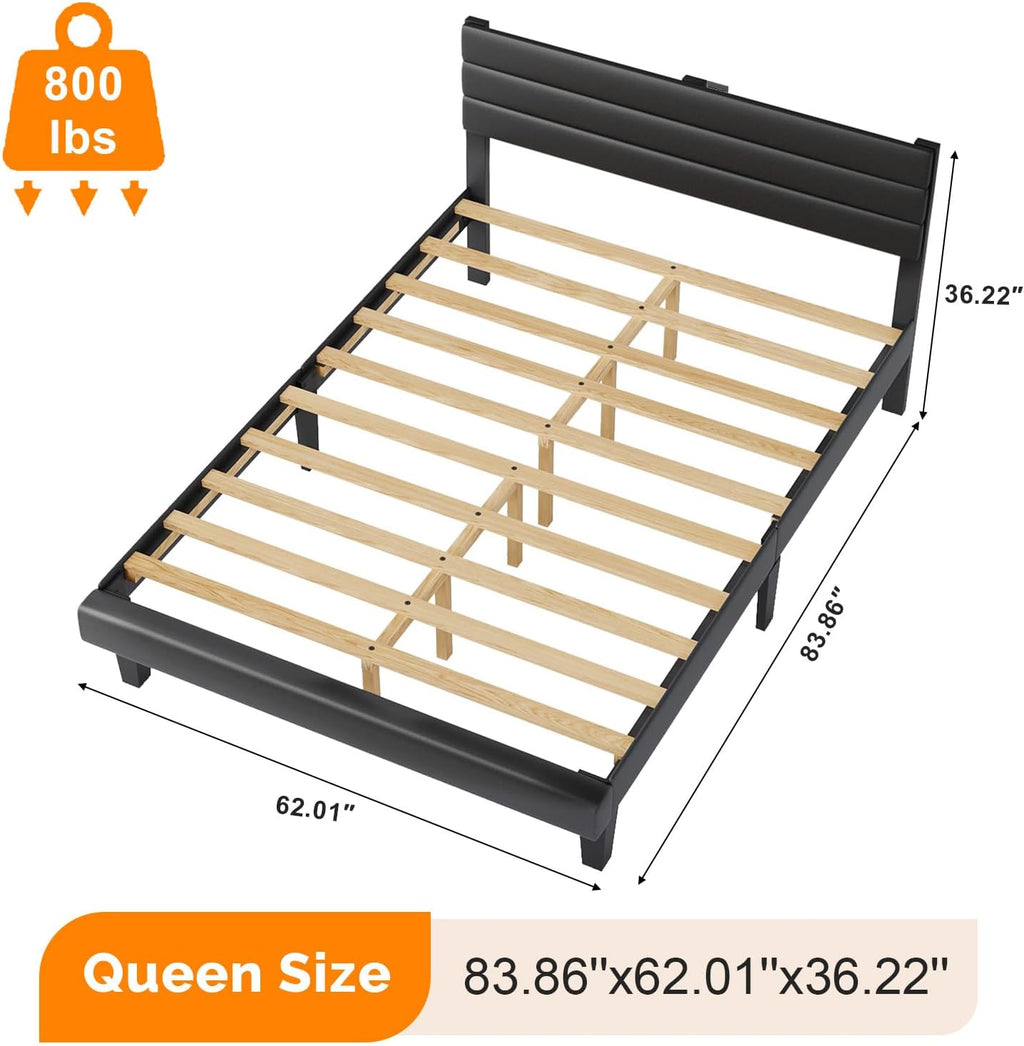 VINGLI Upholstered Bed Frame Queen, Faux Leather Platform Bed with Adjustable Headboard, Wood Mattress Foundation with Heavy Duty Slats Support,Luxury Modern,No Box Spring Needed, Black