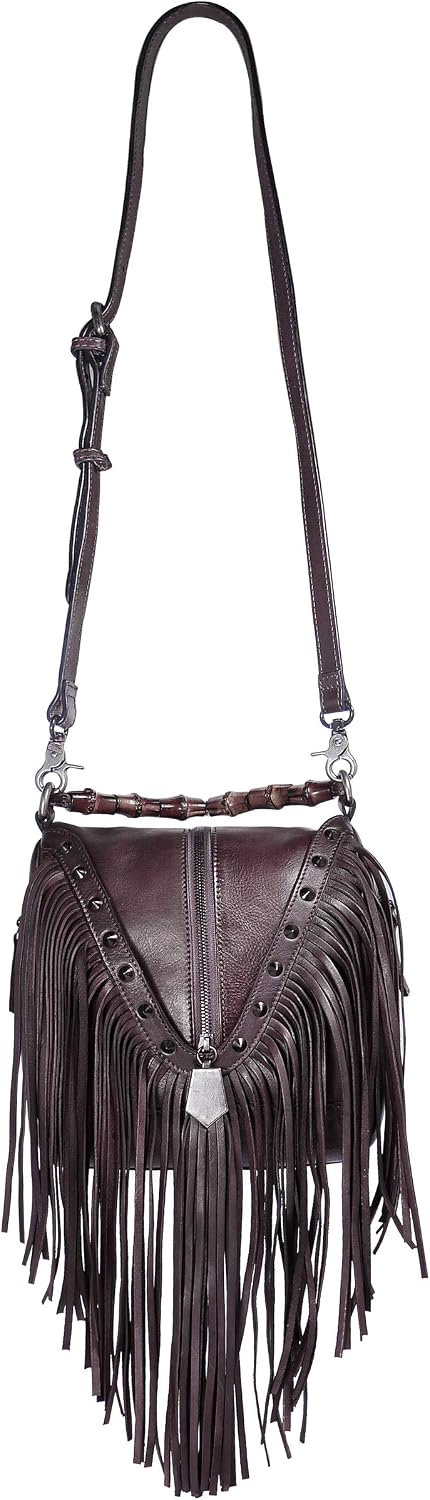 ZLYC Women's Leather Bamboo Hand Strap Featured Fringe Bohemian Tassel Studed Cross Body Bag