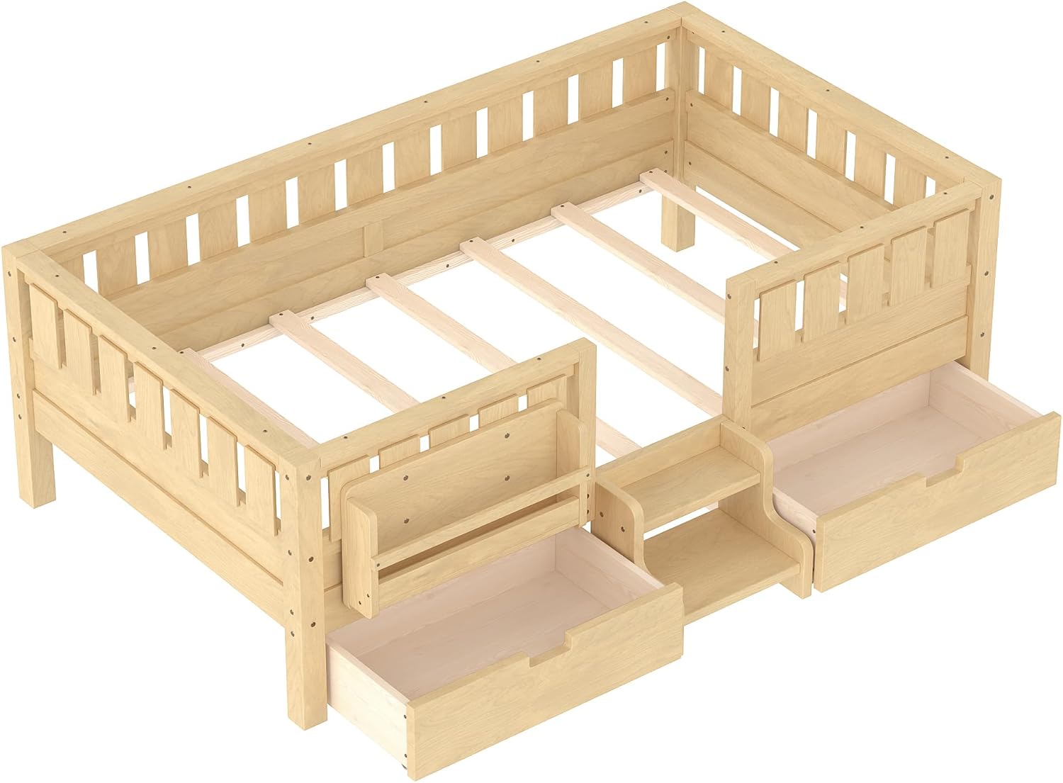 Bellemave Twin Floor Bed with Stairs, Rails and Slats, Twin Size Montessori Floor Bed with Bookshelf and 2 Storage Drawers, Easy Assemble Montessori Beds Frame for Girls, Boys, Light Natural