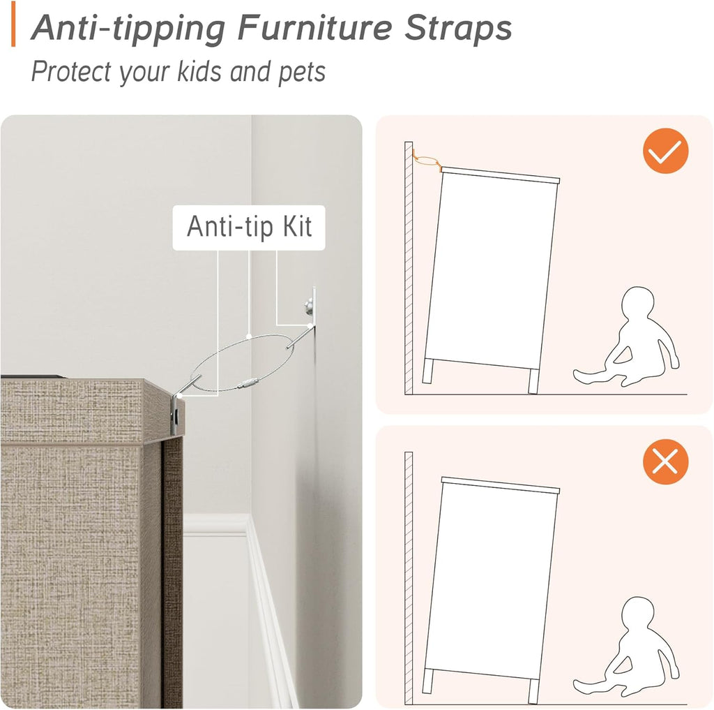 WAMPAT Dresser and Nightstands 3 Pieces, Wooden Dresser with 6 Drawers, Set of 2 Night Stands with Charging Stations, Bedroom Chest of Drawers and Wood Bedside Tables Set, Beige Linen Textured