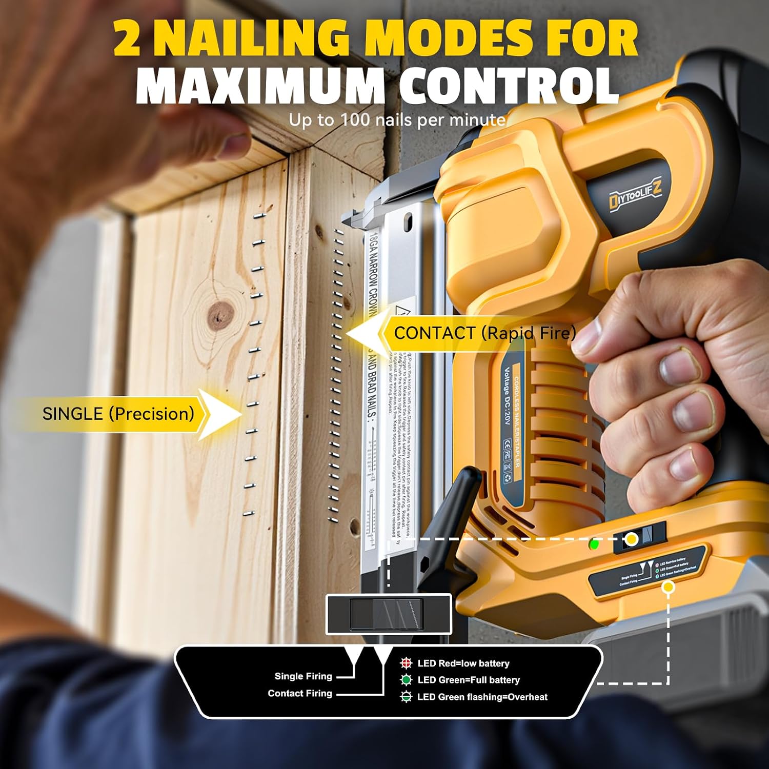 DIYtoolifz 18GA Cordless 2' Brad Nailer Compatible with DeWalt 20V (Tool Only), 2-in-1 Nail & Staple Gun, Tool-Free Jam, Adjustable Depth, 2 Modes with 400 Nails/Staples for Woodworking,Trim,Carpentry