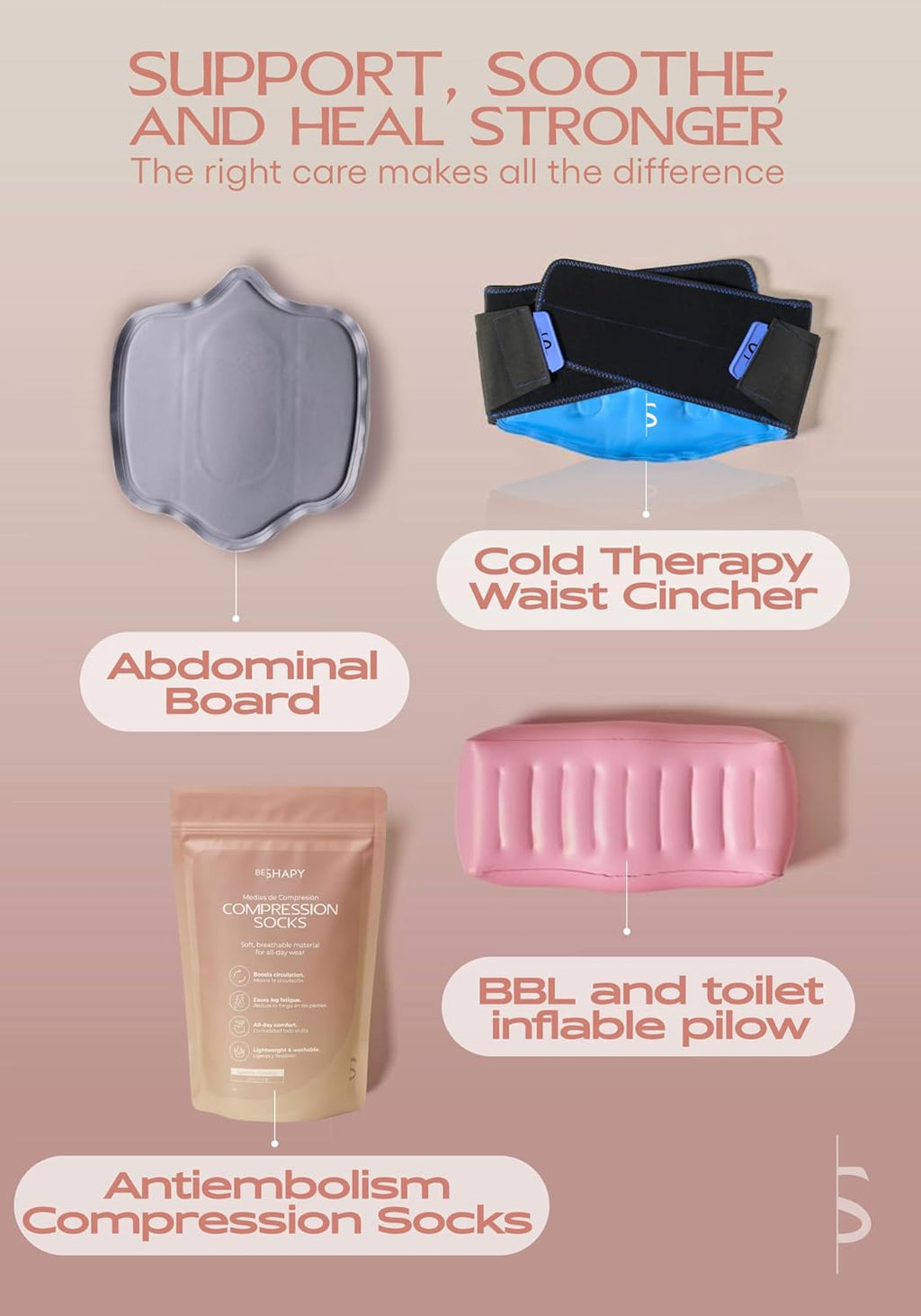 BE SHAPY Lipo and BBL Surgery Recovery Items | Premium Hospital Bag with Essentials | BBL Pillow and Liposuction Recovery Supplies L