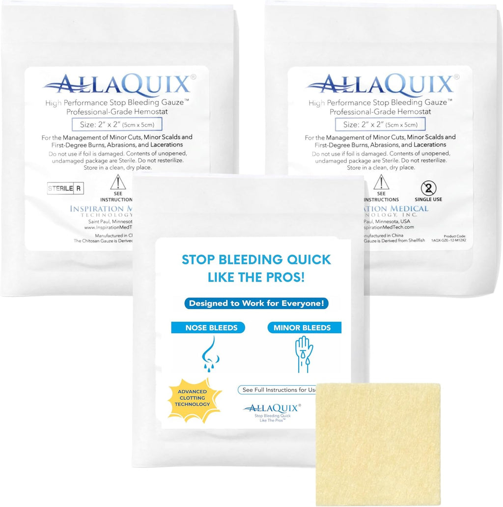 Bulk AllaQuix High Performance Chitosan Hemostatic Gauze – Wholesale Case (15 × 10- Pack 2'x2' Boxes = 150 Sterile Pads) – for Hospitals, Clinics, Ambulatory Surgery, EMS & Distributor Supply