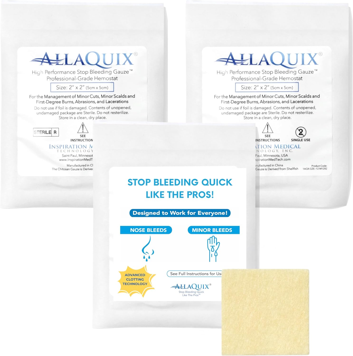 Bulk AllaQuix High Performance Chitosan Hemostatic Gauze – Wholesale Case (15 × 10- Pack 2'x2' Boxes = 150 Sterile Pads) – for Hospitals, Clinics, Ambulatory Surgery, EMS & Distributor Supply