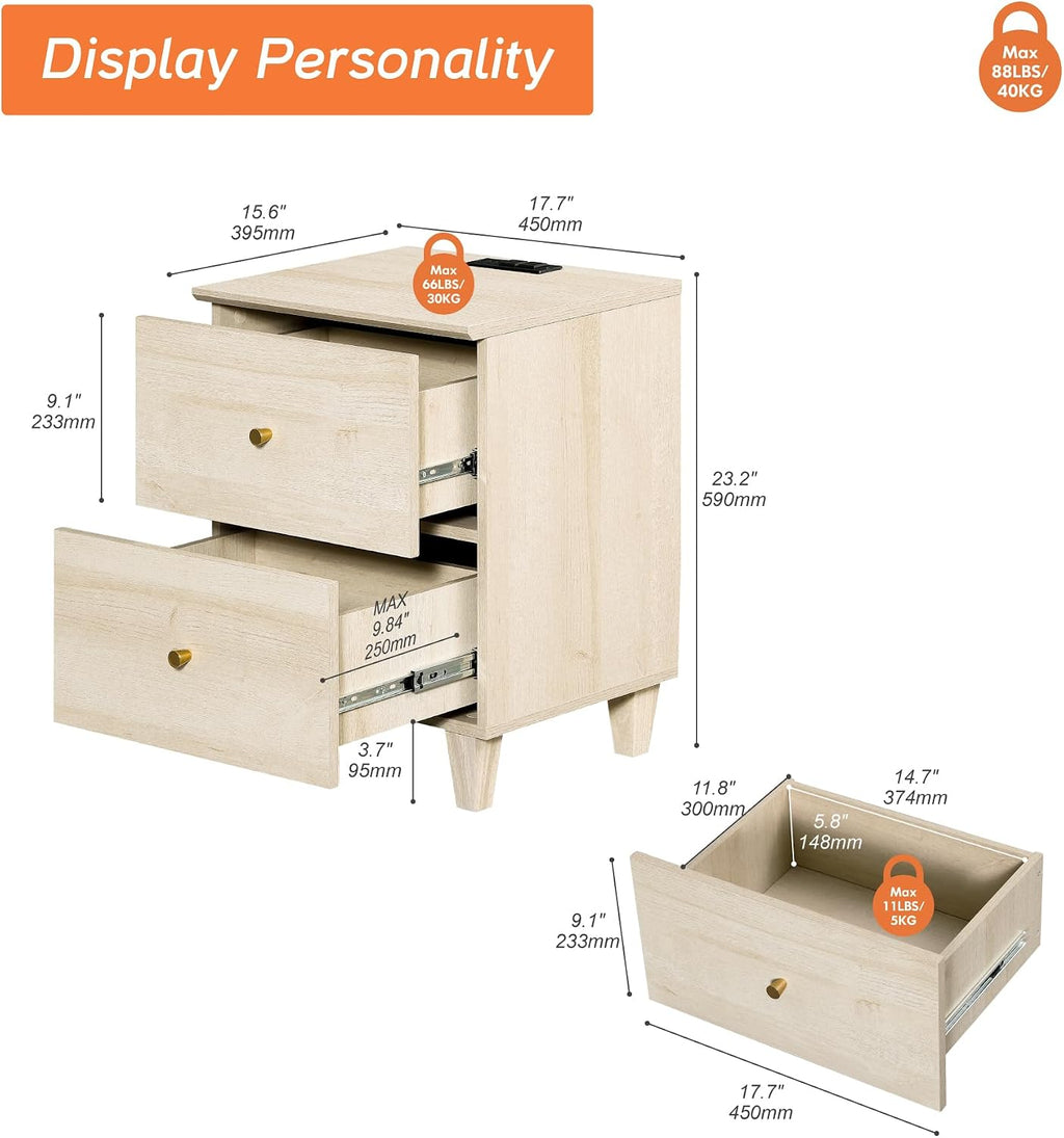 WAMPAT Dresser and Nightstands 3 Pieces, 47.2 Inches Wood Dresser with 6 Drawers, Set of 2 Night Stands with Drawers and Charging Stations, Bedroom Chest of Drawers and Bedside Tables Set, Light Oak