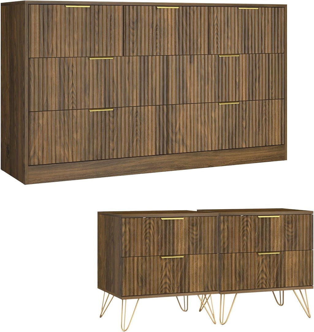 7 Drawer Dresser and Nightstand Sets, 3 Pcs Bedroom Set for Bedroom, Fluted Night Stand Set of 2 & 55' Wide Dresser w/Gold Handles, Mid Century Wood Chest of Drawers Storage Set, Walnut