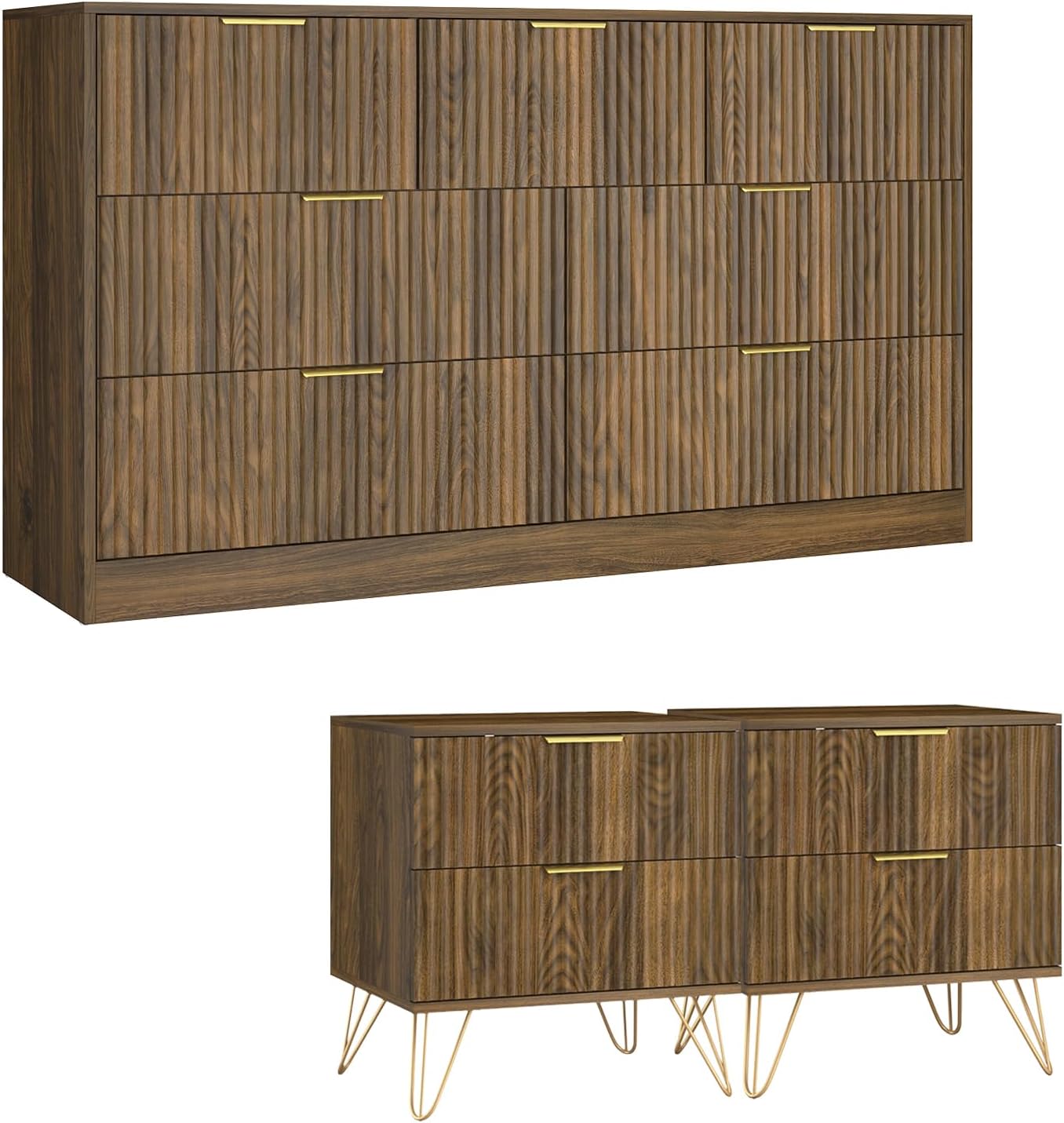 7 Drawer Dresser and Nightstand Sets, 3 Pcs Bedroom Set for Bedroom, Fluted Night Stand Set of 2 & 55' Wide Dresser w/Gold Handles, Mid Century Wood Chest of Drawers Storage Set, Walnut