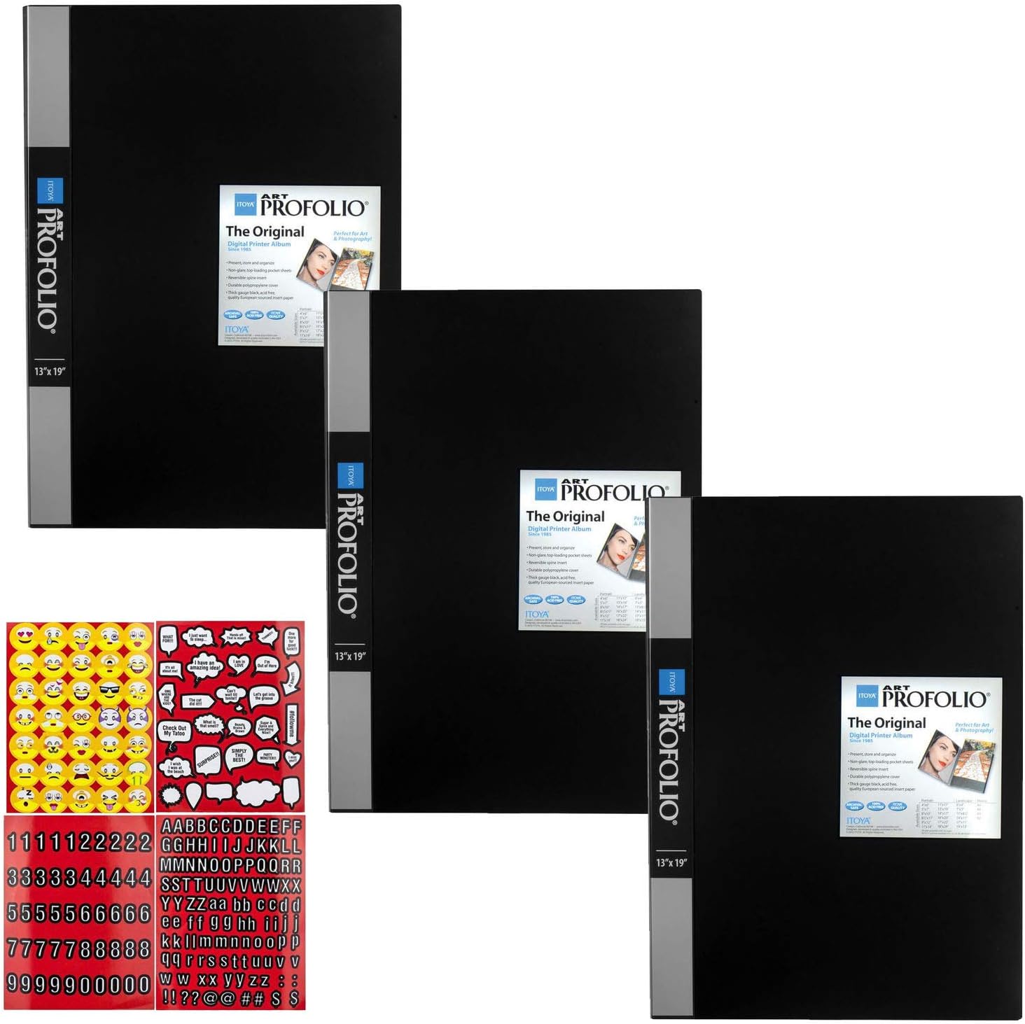 ITOYA 13 x 19 inches Original Art Presentation Book/Portfolio- for Art, Photography, and Documents - Pack of 3 + Scrapbooking Stickers 4 Pages of Emojis, Quotes, Letters & Numbers - Awesome Bundle