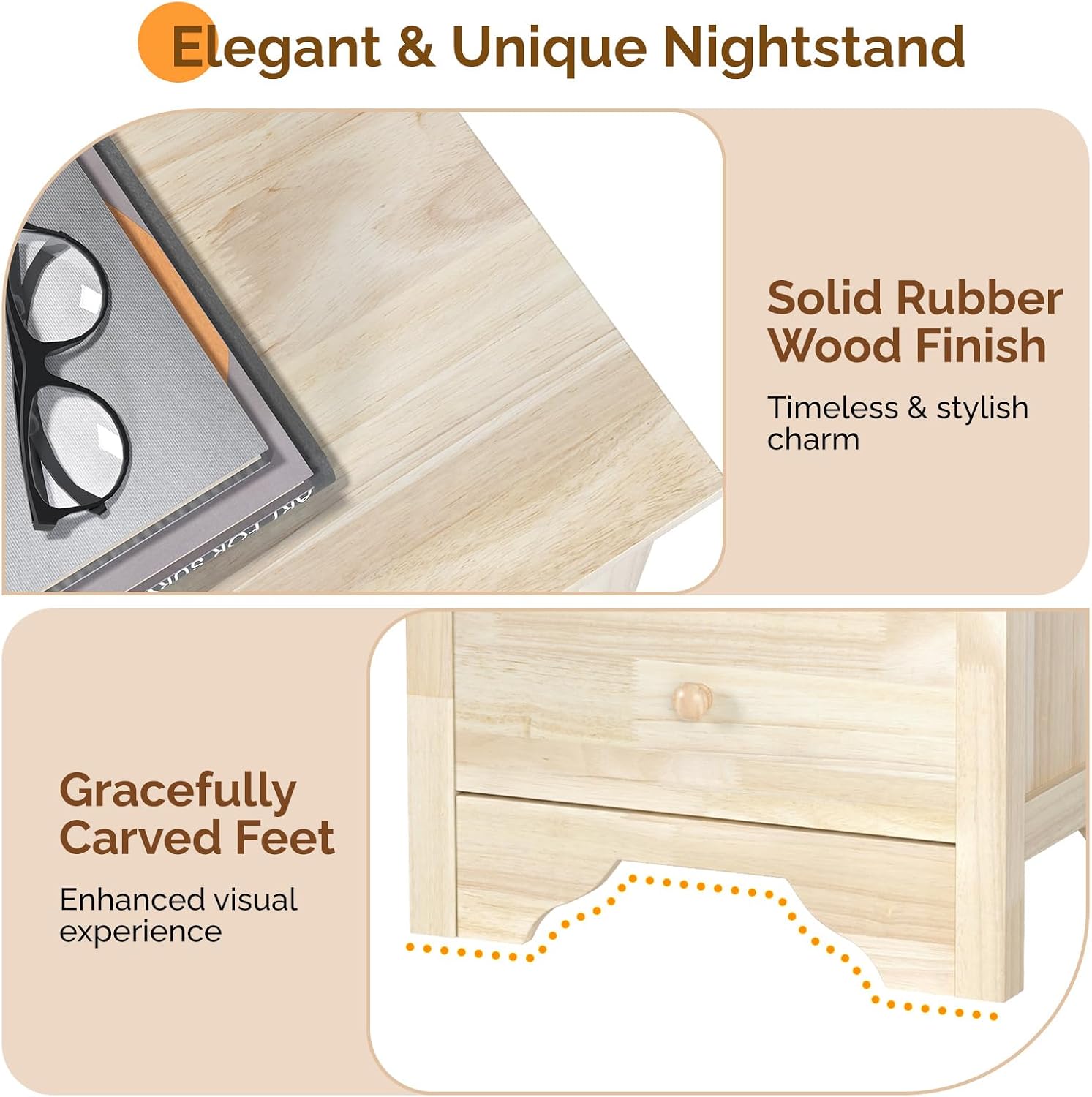 VINGLI Unfinished Rubber Wood Nightstands Set of 2 for Color DIY, 18.54' W Nightstand with Charging Station, 3 Drawer Nightstand, Real Wood Night Stands/Bed Side Table/End Table for Bedroom