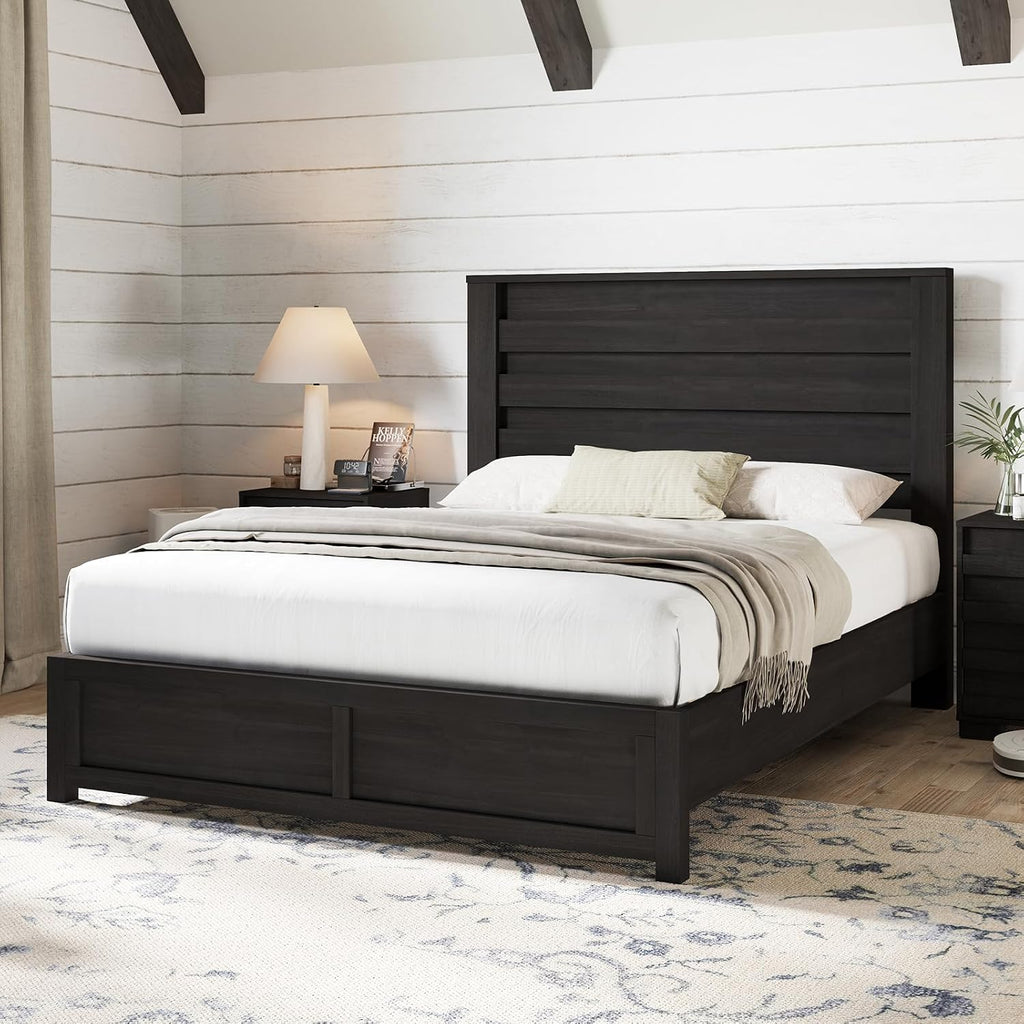 AMERLIFE Farmhouse Queen Size Bed Frame with 49' Tall Headboard, Platform Bed with Natural Wood Grain, No Box Spring Needed/Noise Free, Black