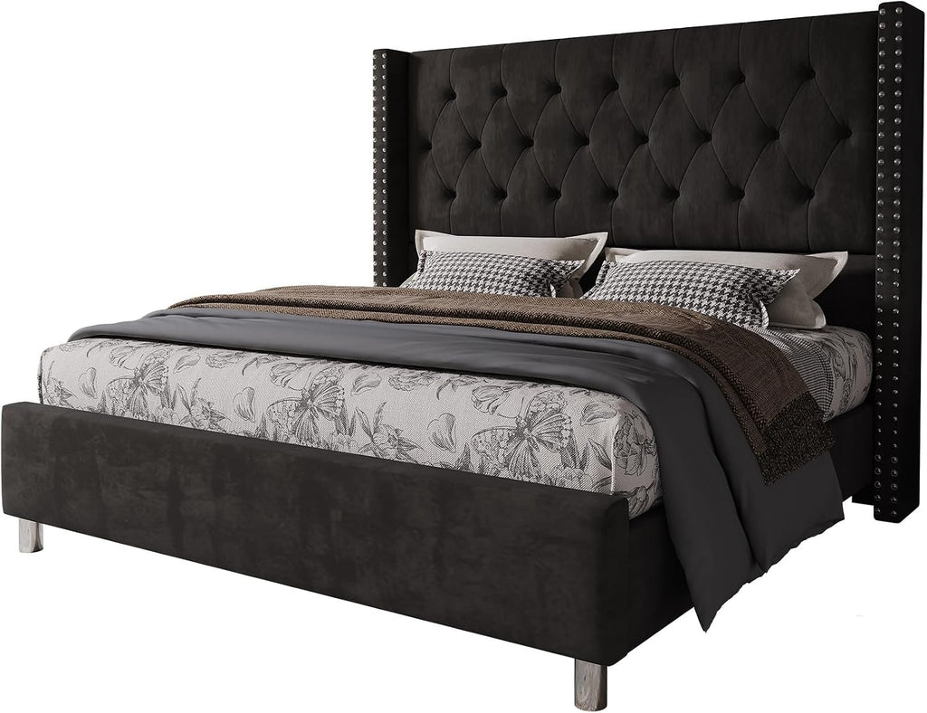 Jocisland Queen Bed Frame Upholstered Bed Wingback Headboard Velvet Tufted Diamond Button/No Box Spring Needed/Easy Assembly/Black