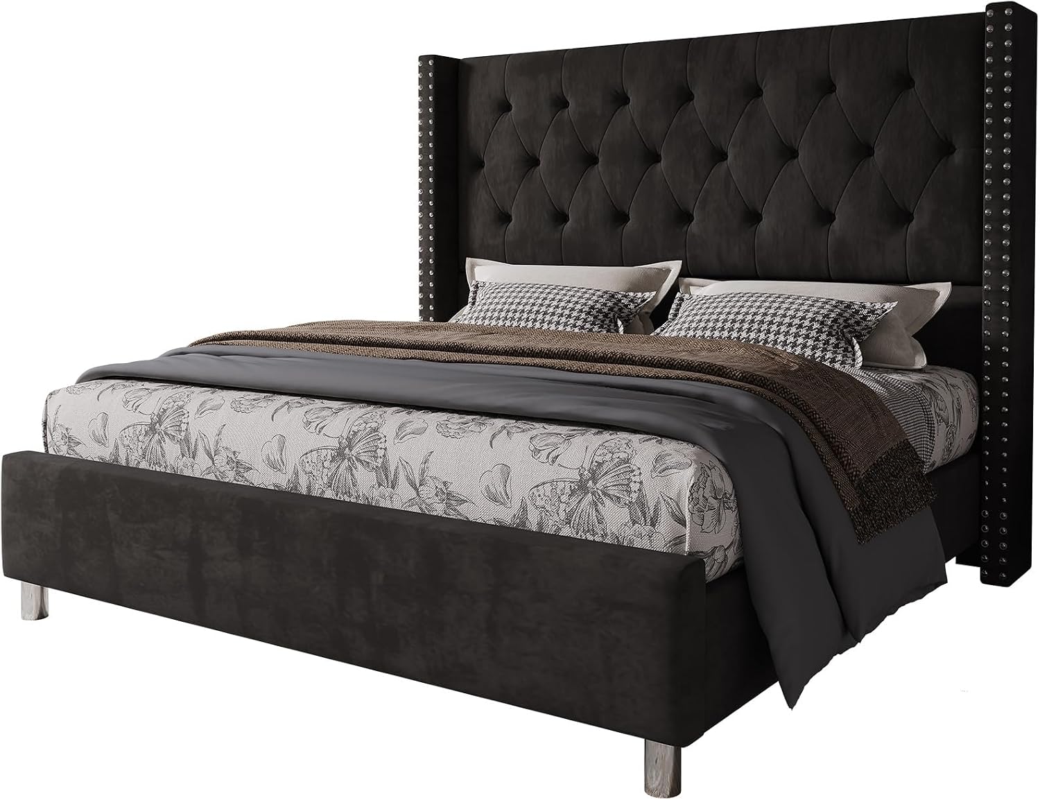 Jocisland Queen Bed Frame Upholstered Bed Wingback Headboard Velvet Tufted Diamond Button/No Box Spring Needed/Easy Assembly/Black