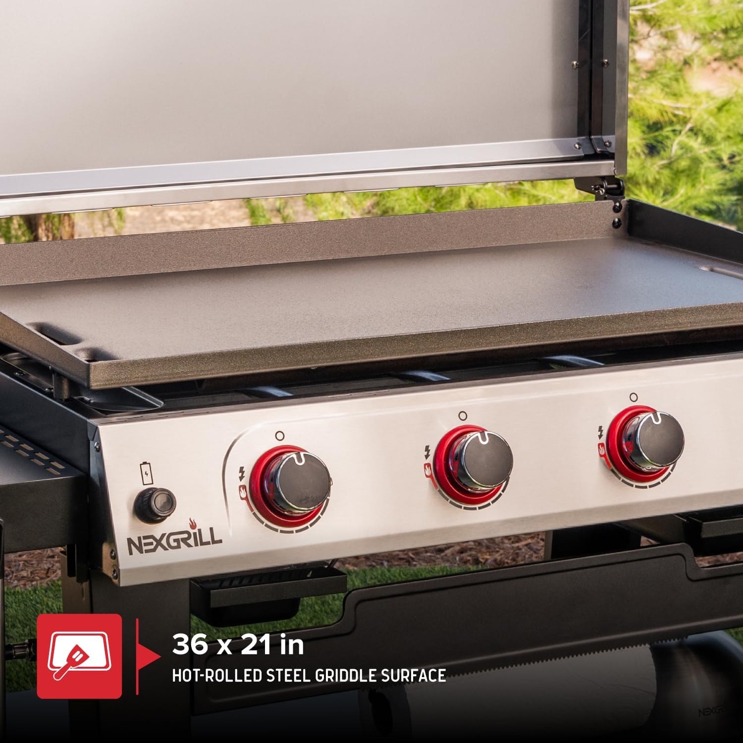 Nexgrill Daytona 4-Burner Propane Gas Griddle with Side Tables, 60000 BTU Flat Top Grill, 756 SQ In. Hot-Rolled Steel Cooking Space, Outdoor Cooking Barbeque, Black with Stainless Steel Lid - 720-1058