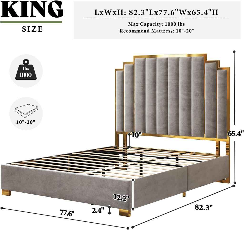 AMERLIFE King Size Upholstered Bed, Modern Velvet Bed Frame with 65.4' Tall Gold Trim Headboard, No Box Spring Needed, Grey
