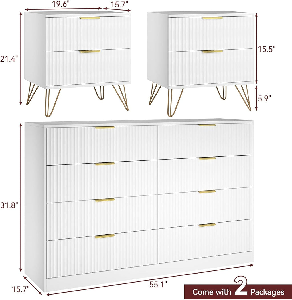 8 Drawer Dresser and Nightstand Sets for Bedroom, 3 Pcs Bedroom Set，Night Stand Set of 2 & 8 Drawer Dresser with Gold Handles, Modern Wood Chest of Drawers Storage Cabinet Set, White