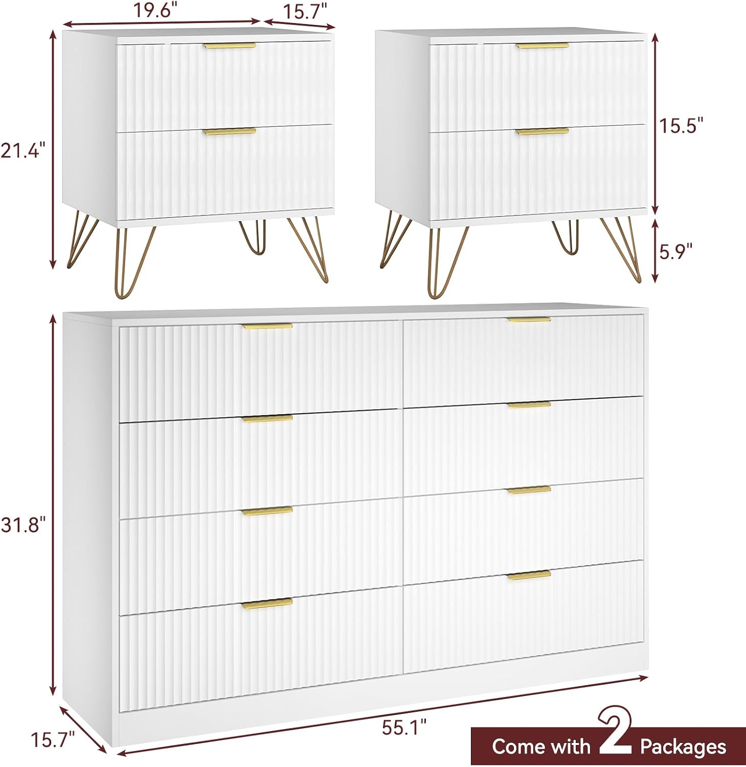 8 Drawer Dresser and Nightstand Sets for Bedroom, 3 Pcs Bedroom Set，Night Stand Set of 2 & 8 Drawer Dresser with Gold Handles, Modern Wood Chest of Drawers Storage Cabinet Set, White
