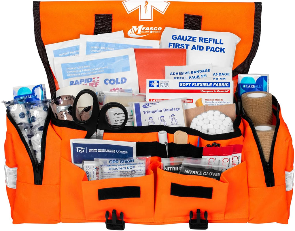 MFASCO Sports First Aid Kit Bag – 326-Piece Athletic Medical Kit in Orange EMT Bag, Coach's First Aid Kit for Youth Sports, Soccer, Football, Emergency Sports Kit Supplies for Athlete Sports Injuries