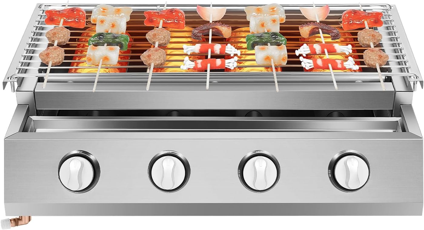 4 Burner Flat Top Gas Griddle,Portable Propane Griddle with Electronic Ignition,Tabletop Gas Grill for Outdoor Camping Cooking BBQ,Adjustable Grille Height