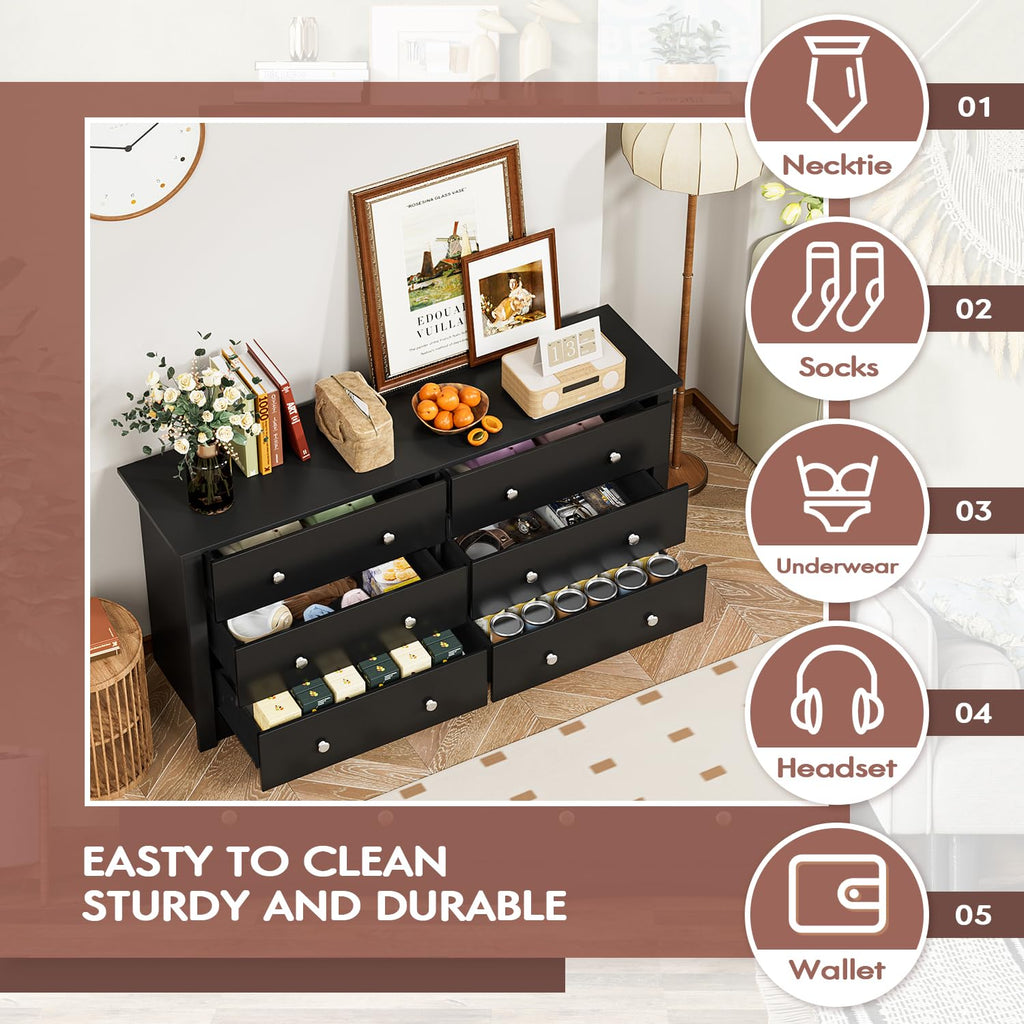 YESHOMY Dresser for Bedroom,6 Drawer Dressers, Storage Chest of Drawers for Hallway,Living Room, Entryway(Pure Black)