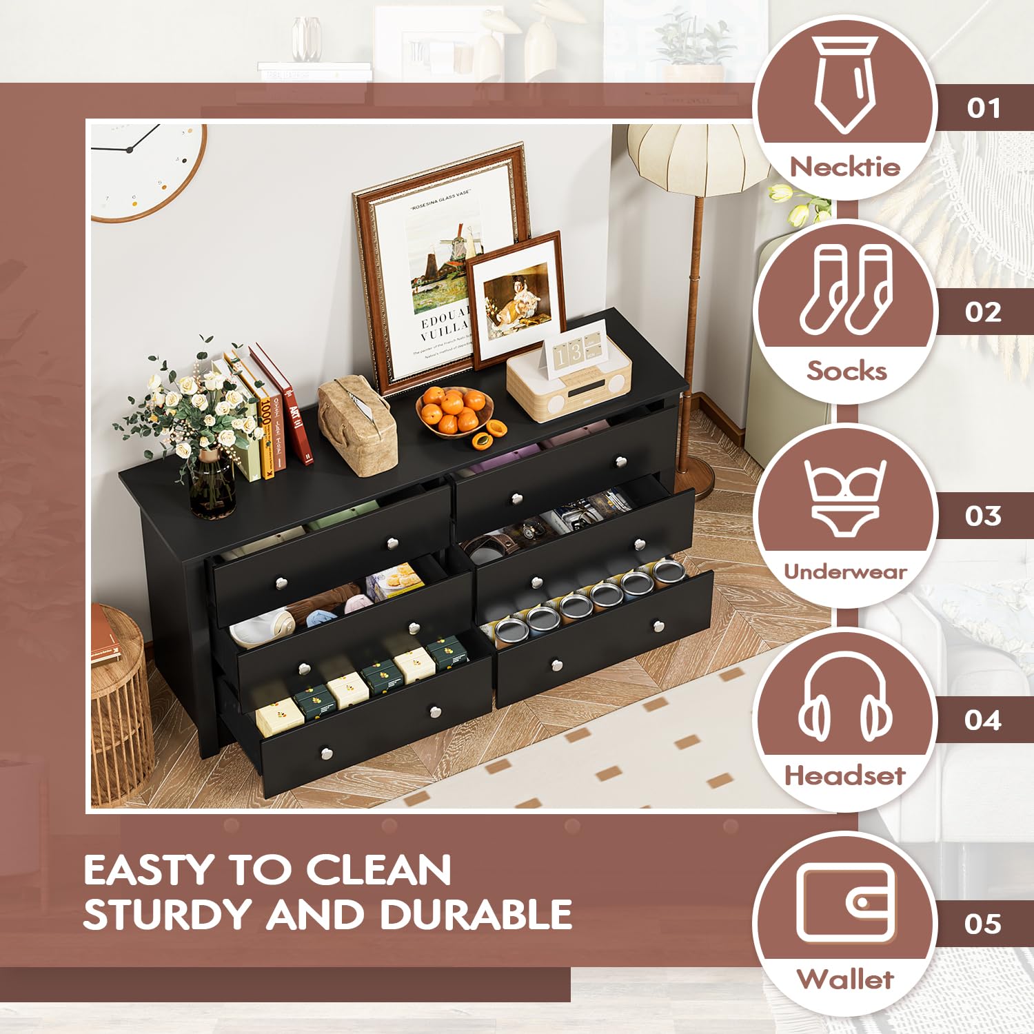 YESHOMY Dresser for Bedroom,6 Drawer Dressers, Storage Chest of Drawers for Hallway,Living Room, Entryway(Pure Black)
