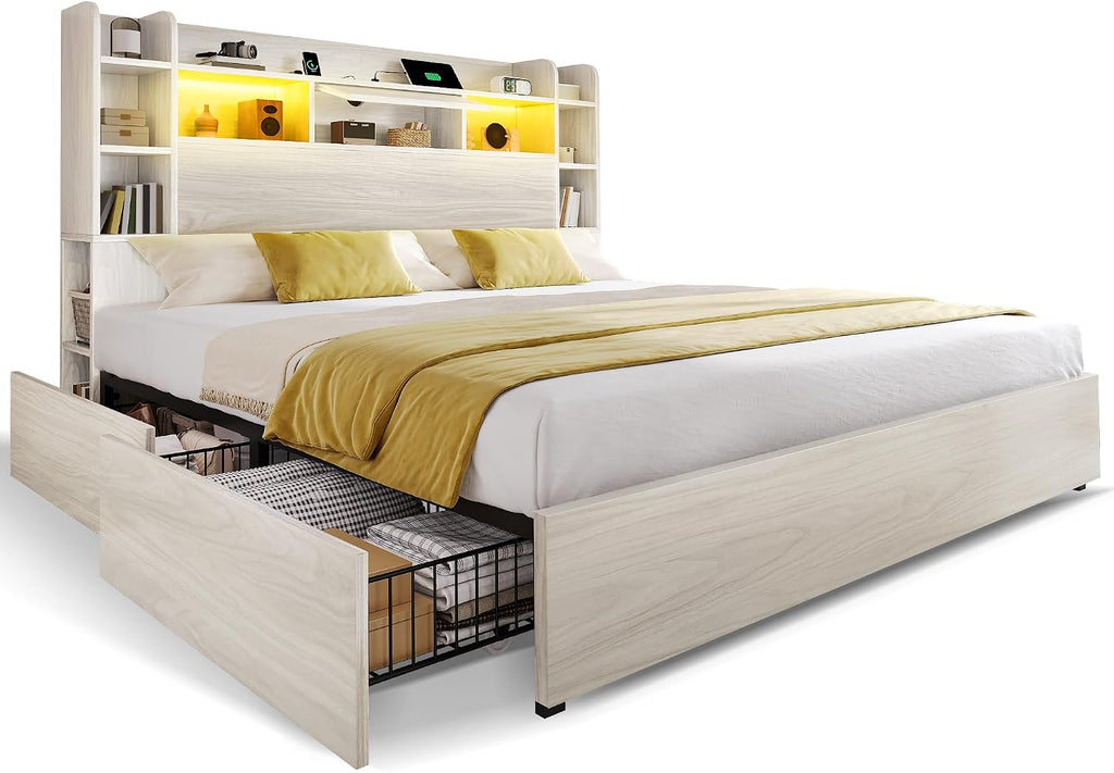DWVO King Size Bed Frame with Bookcase Headboard and 4 Storage Drawers, RGB LED Bed Frame with Type-C & USB Charging Station Storage Headboard Bed, No Box Spring Needed, Noise Free, Antique White