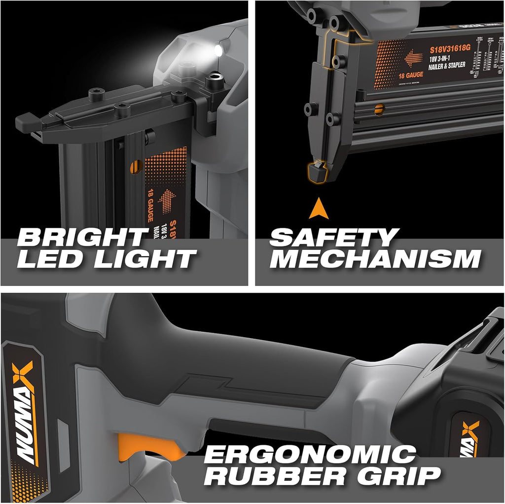 NuMax 18V Cordless 3-in-1 Nail Gun Kit – 2' 16 & 18 Gauge Finish Nailer, Brad Nailer, and Narrow Crown Staple Gun – Includes Battery, Charger & Fasteners – S18V31618G