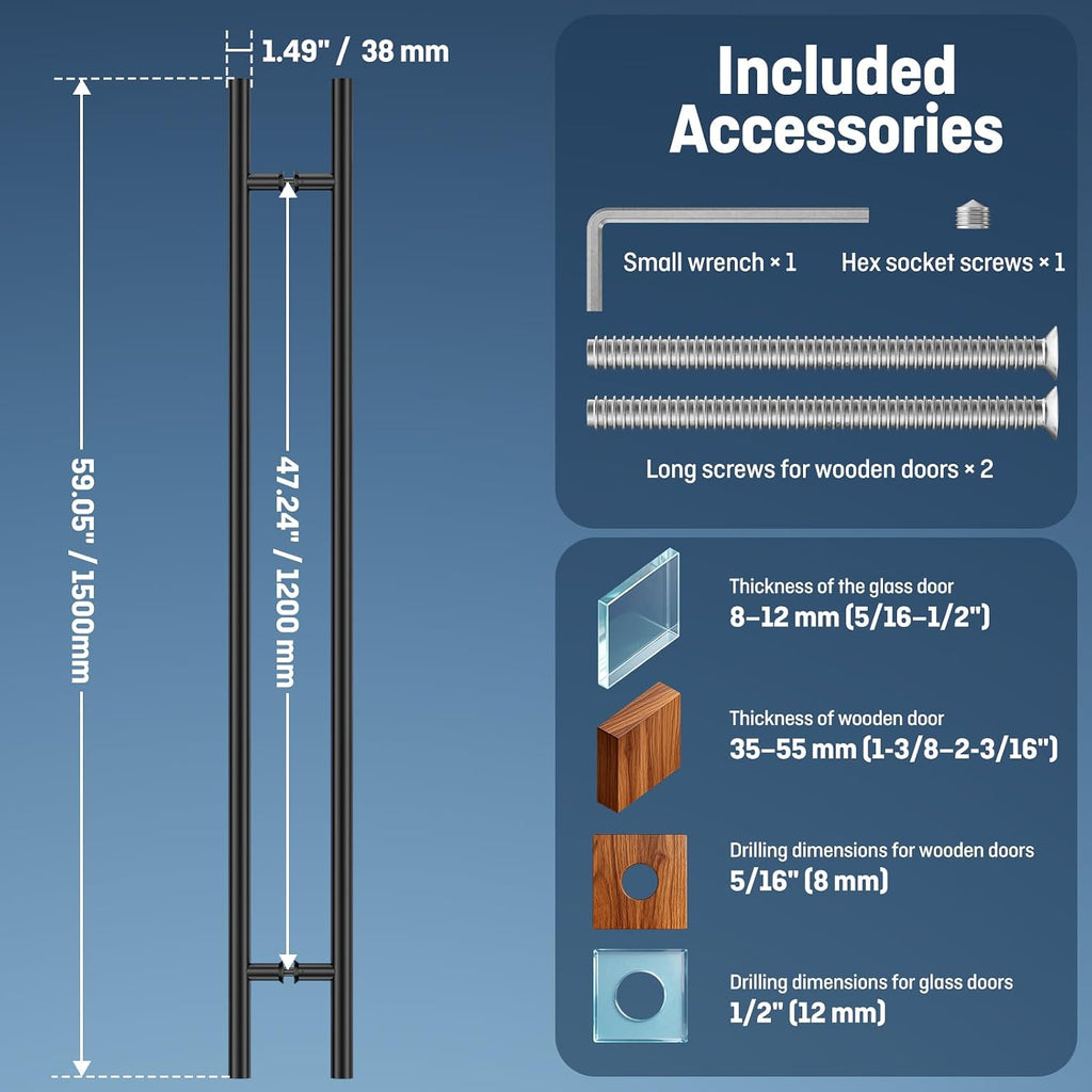 Ranbo 60' Overall Length Anti-Fingerprint Matte Black Back-to-Back Door Pull Handle,47-1/4'(1200mm) Hole Spacing,1.2 mm 304 Stainless Steel for Glass,Entry,Commercial and Storefront Door