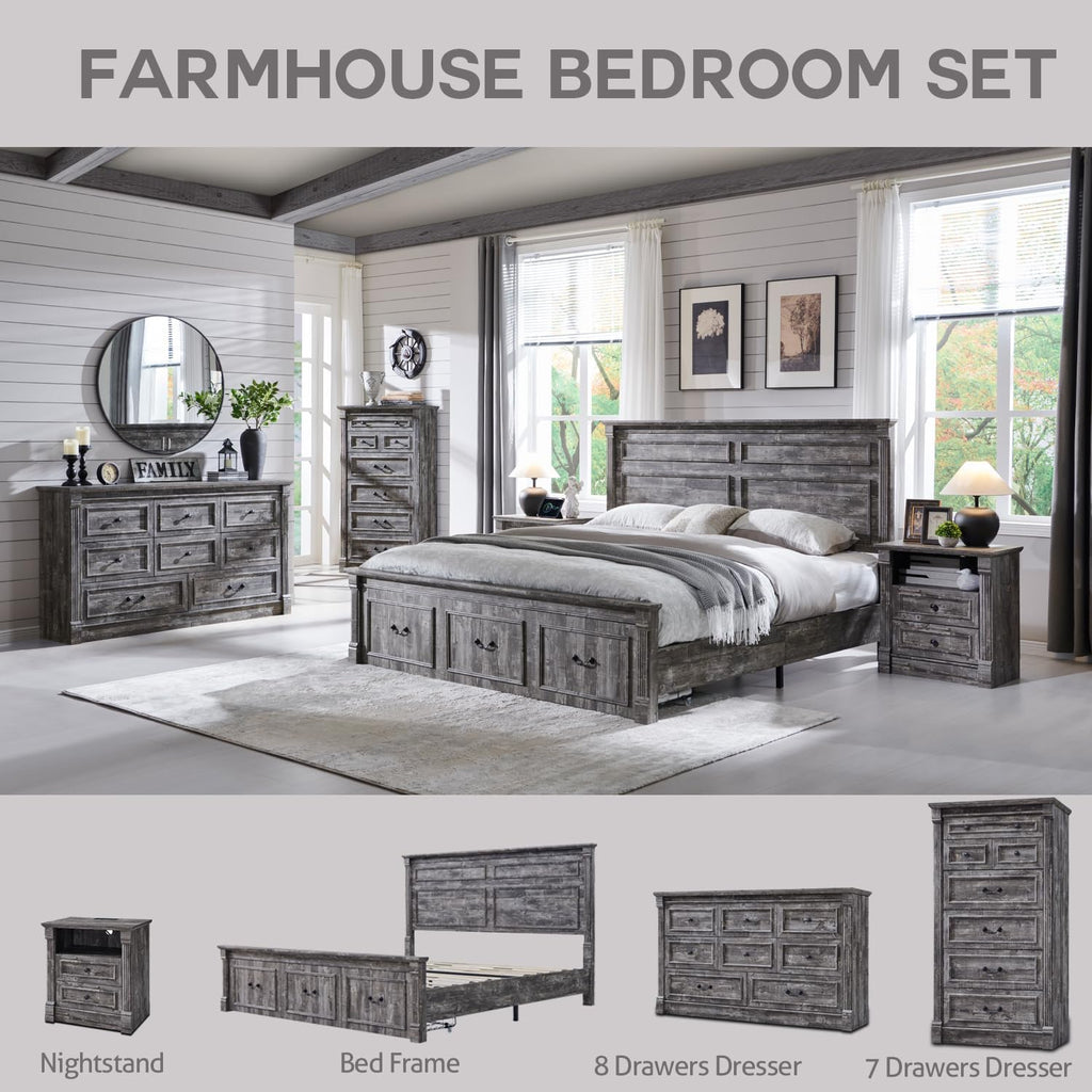 Aitjunz Farmhouse King Size Bed Frame with 51' Tall Headboard, Wood Platform Bed Frame with 20' Tall Roman Column Decoration Footboard & 3 Large Storage Drawers, No Box Spring Needed (Light Grey)