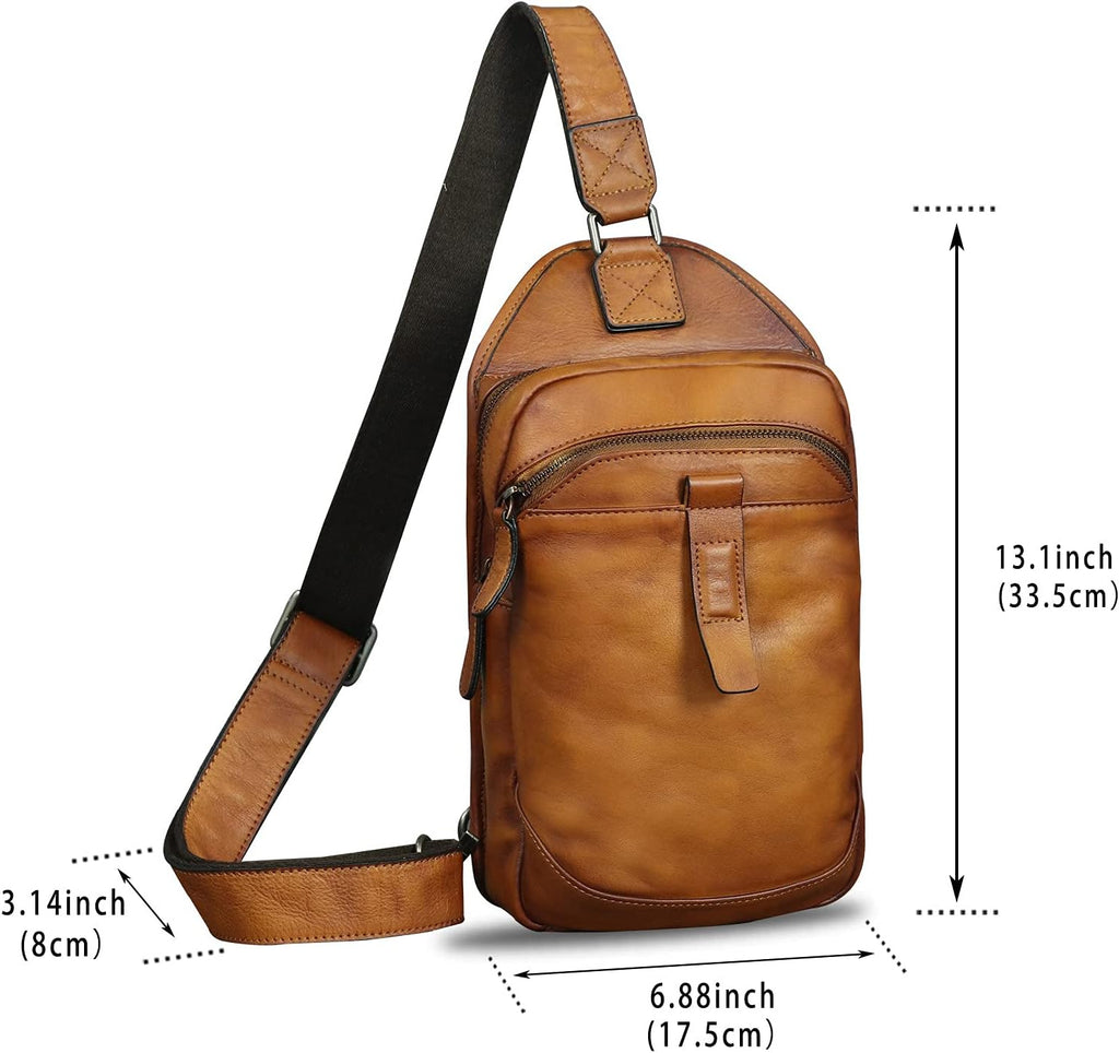 Genuine Leather Silng Bag for Men and Women Retro Leather Sling Backpack Purse Shoulder Crossbody Bag Chest Bag