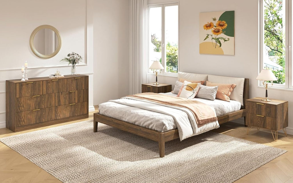 7 Drawer Dresser and Nightstand Sets, 3 Pcs Bedroom Set for Bedroom, Fluted Night Stand Set of 2 & 55' Wide Dresser w/Gold Handles, Mid Century Wood Chest of Drawers Storage Set, Walnut