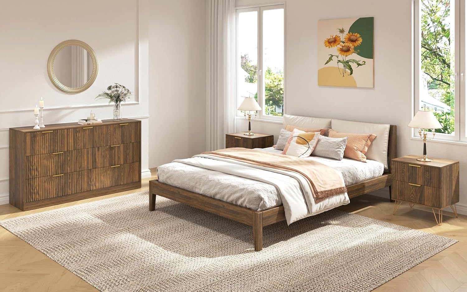 7 Drawer Dresser and Nightstand Sets, 3 Pcs Bedroom Set for Bedroom, Fluted Night Stand Set of 2 & 55' Wide Dresser w/Gold Handles, Mid Century Wood Chest of Drawers Storage Set, Walnut