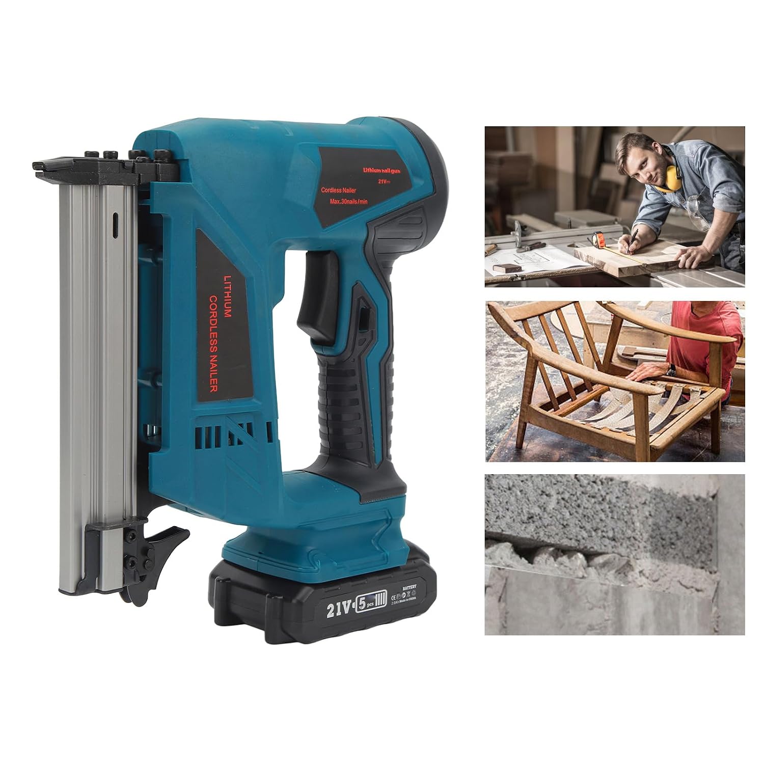 Electric Nail Guns Cordless Brad Nailer Battery Powered Brad Nailer Stapler for Carpentry and Upholstery (US Plug 100‑220V)
