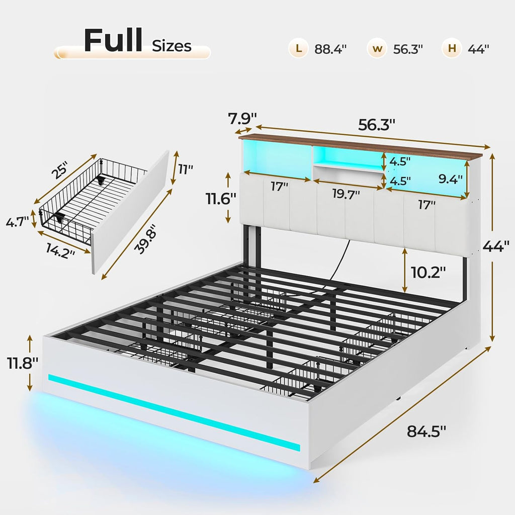 VIAGDO Full Size Bed Frame with Bookcase Headboard, Wooden Bed Frame Full Size with Charging Station, 4 Storage Drawers and LED Lights, with Type-C and USB, No Box Spring Needed, White