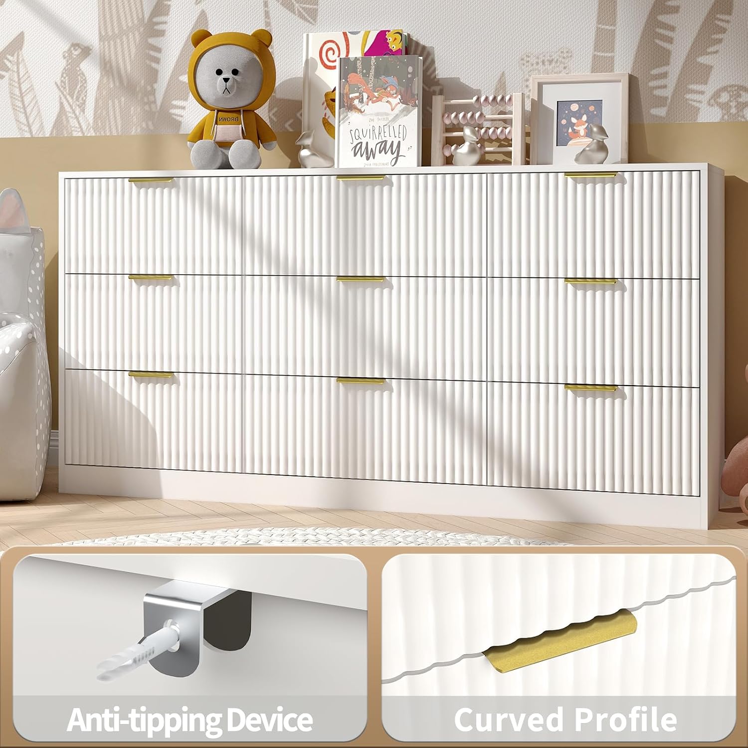 White Dresser Set of 2, Long Dresser for Bedroom Wooden with 18 Drawers, Fluted Modern Bedroom Furniture Set, TV Stand Dressers & Chests of Drawers for Closet (15.7'D x 125.8'W x 31.8'H)