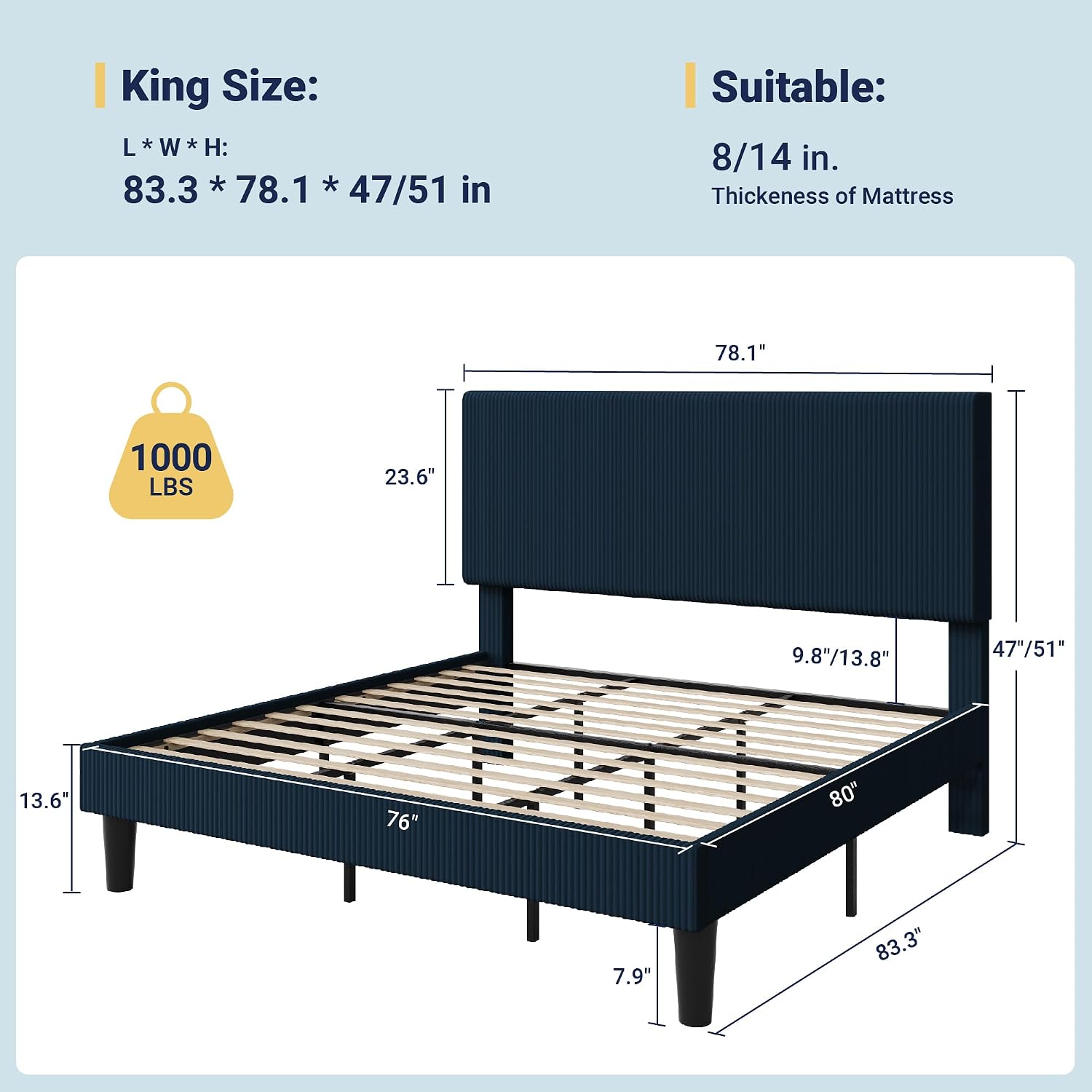 Allewie King Size Upholstered Bed Frame with Vertical Channel Tufted Headboard, Soft Corduroy Fabric Platform Bed, Strong Wooden Slats Support, Easy Assembly, No Box Spring Needed, Dark Blue