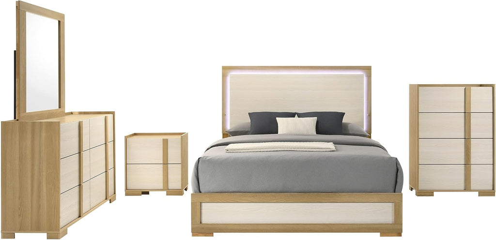 Coaster Home Furnishings Hyland Coastal 5-Piece Bedroom Set Upholstered Eastern King Size LED Panel Bed Frame 52-inch Headboard Natural 215651KE-S5