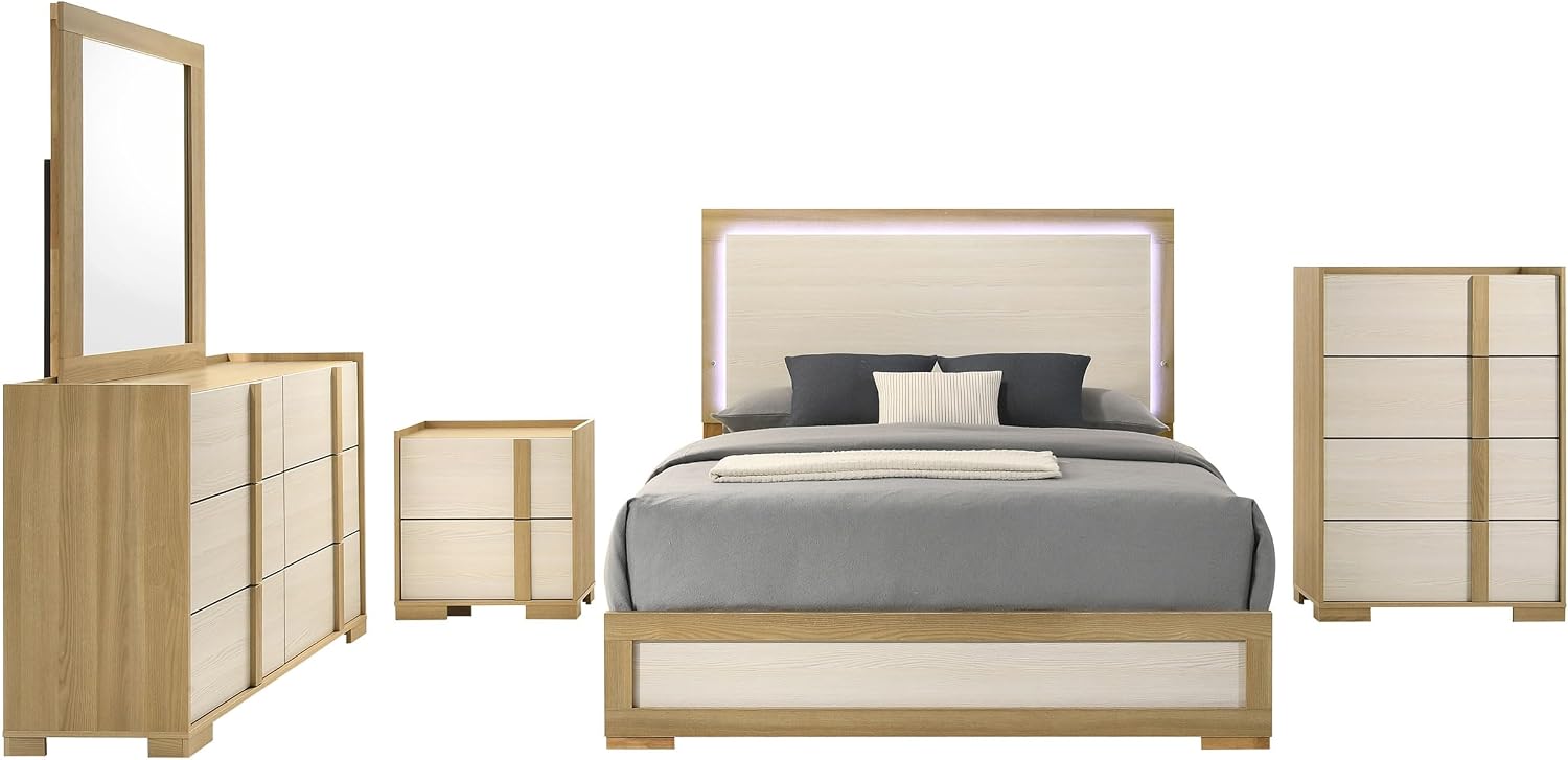 Coaster Home Furnishings Hyland Coastal 5-Piece Bedroom Set Upholstered Eastern King Size LED Panel Bed Frame 52-inch Headboard Natural 215651KE-S5