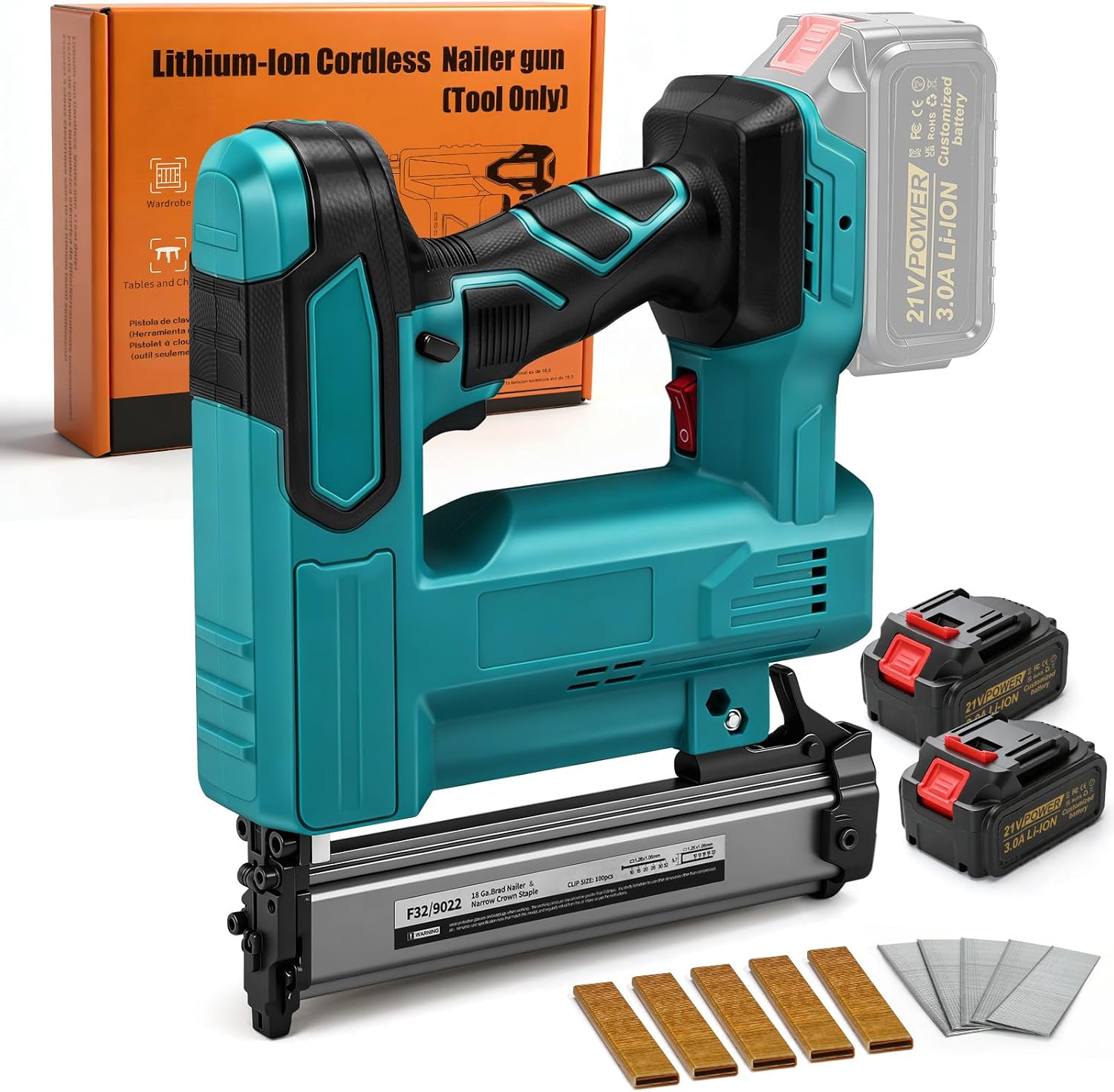 18GA Cordless Brad Nailer with 2 x 3.0Ah Battery for Makita 18V, 2 in 1 Electric Nail Gun/Staple Gun, 500 Nails & 500 Staples, Single & Contact Firing Modes for Home Improvement, DIY Woodworking